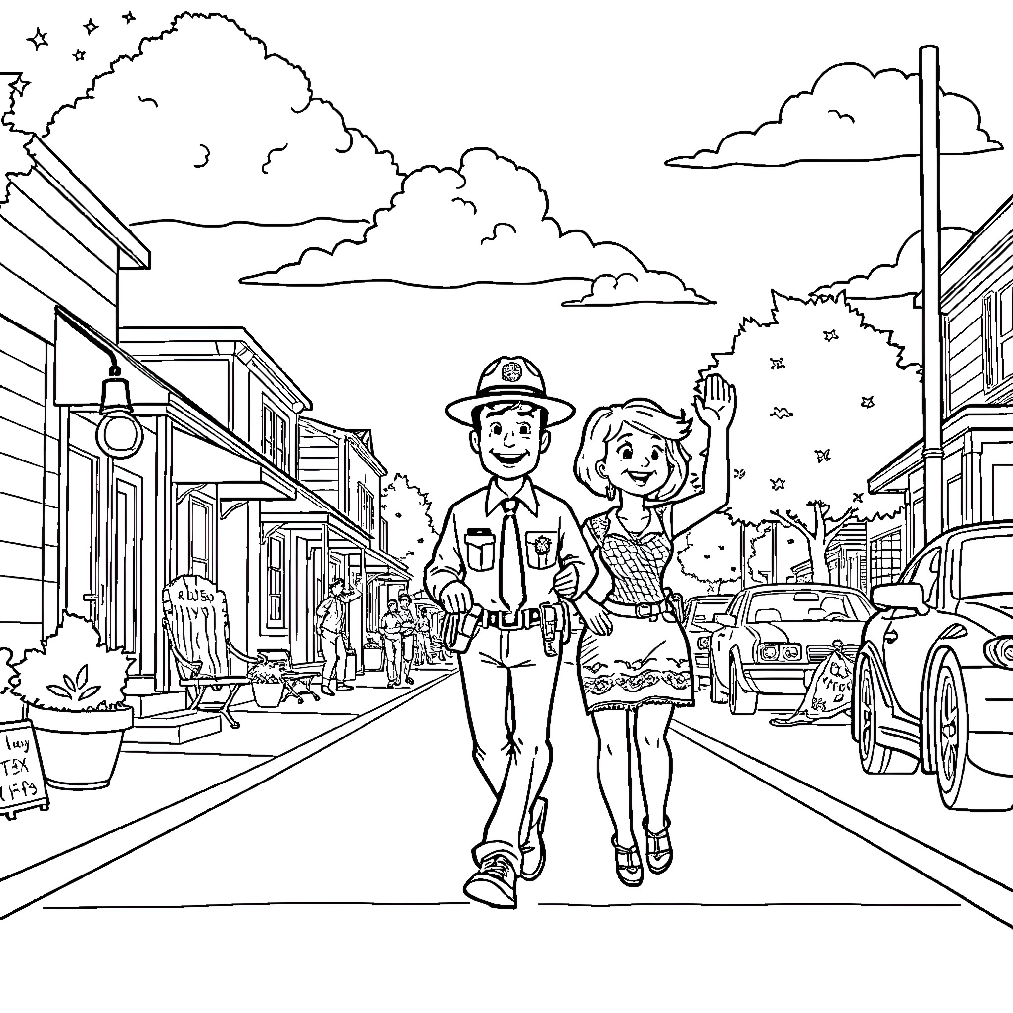 Andy Taylor and Colleague Patrol the Small Town Coloring Page (free black-and-white line drawing printable PDF for all, from beginners to advanced learners, including children, teens, adults, and seniors)