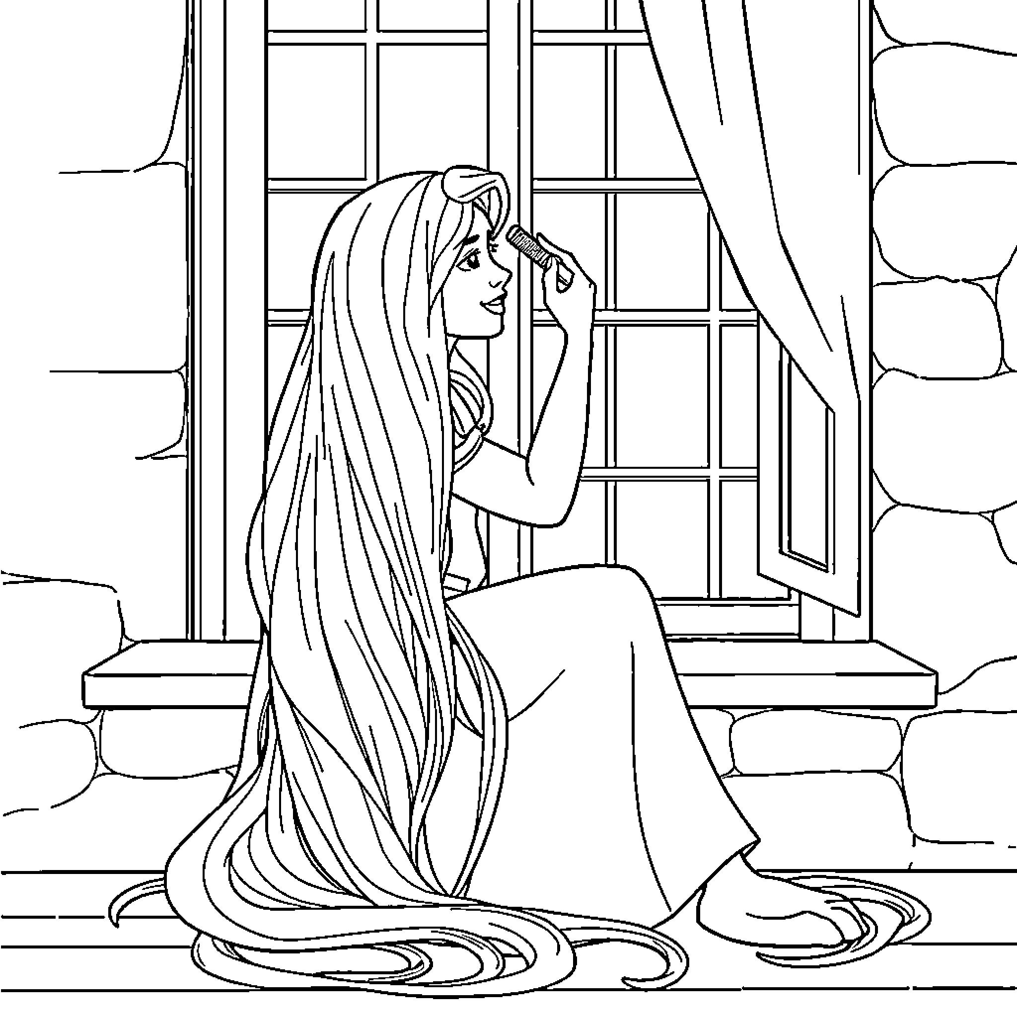Rapunzel gazing out the window in contemplation Coloring Page (free black-and-white line drawing printable PDF for all, from beginners to advanced learners, including children, teens, adults, and seniors)