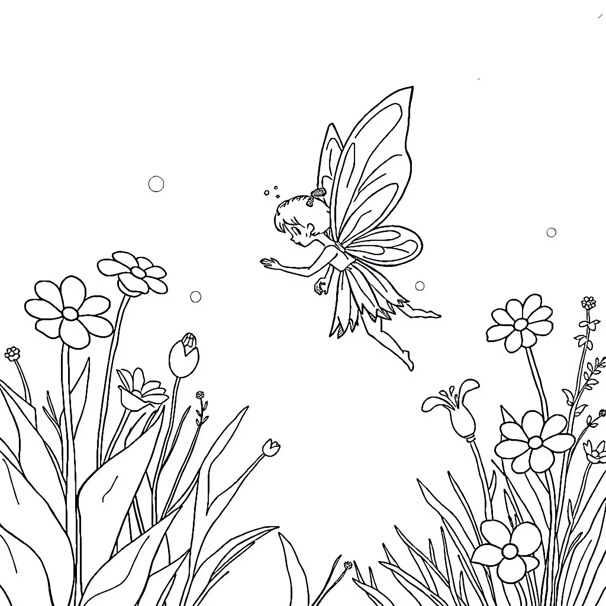 Fairy floating gracefully among flower blossoms Coloring Page (free black-and-white line drawing printable PDF for all, from beginners to advanced learners, including children, teens, adults, and seniors)