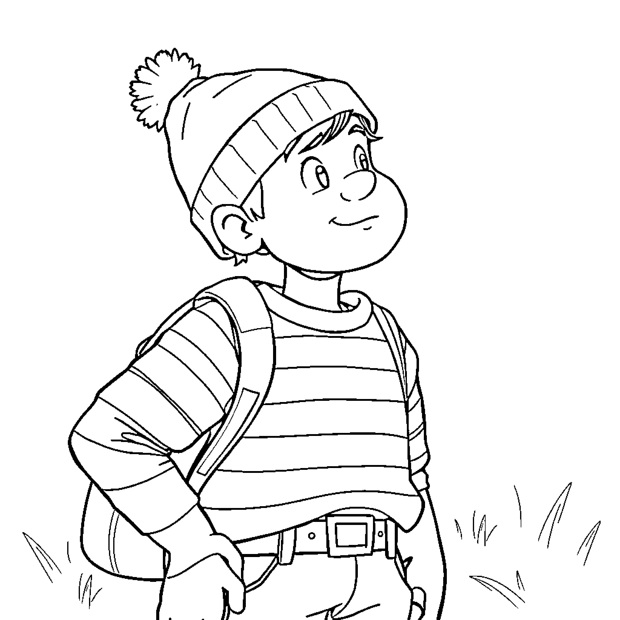 Waldo's Outdoor Adventure in Striped Outfit Coloring Page (free black-and-white line drawing printable PDF for all, from beginners to advanced learners, including children, teens, adults, and seniors)