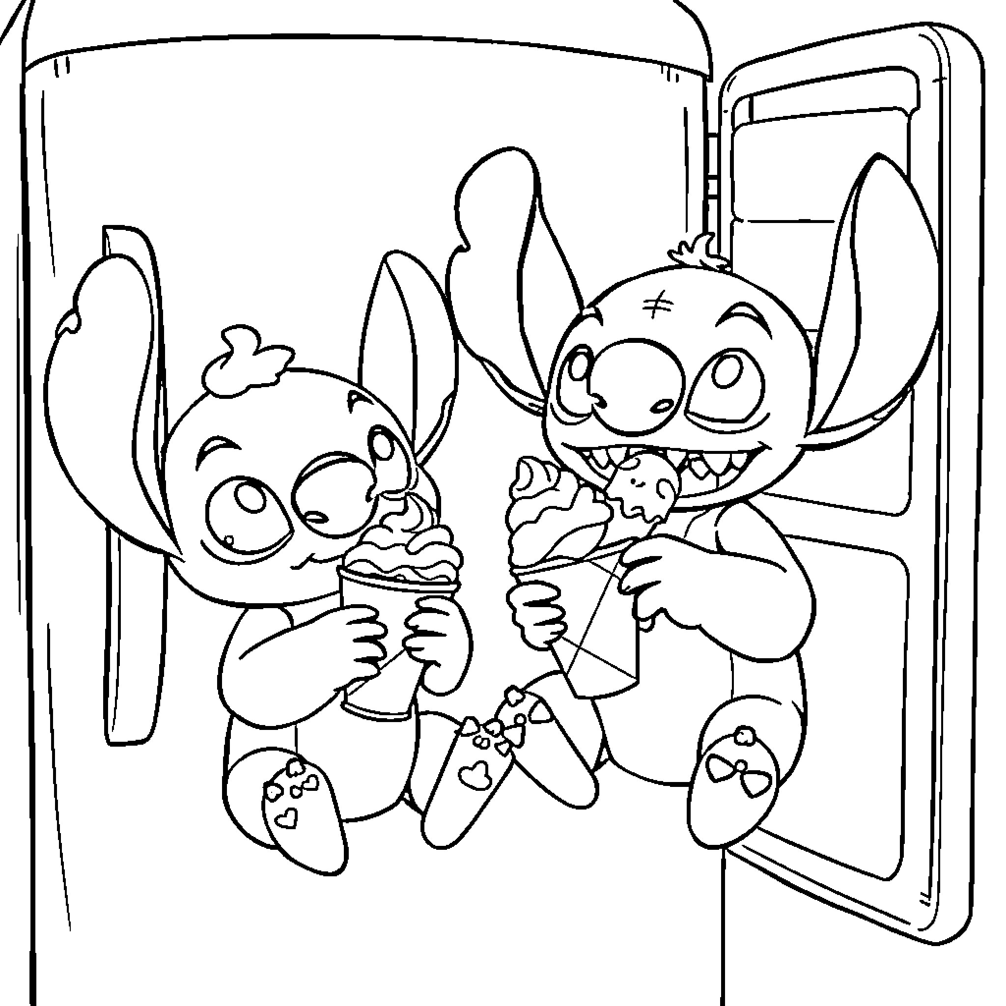 Stitch enjoying ice cream with friend Coloring Page (free black-and-white line drawing printable PDF for all, from beginners to advanced learners, including children, teens, adults, and seniors)