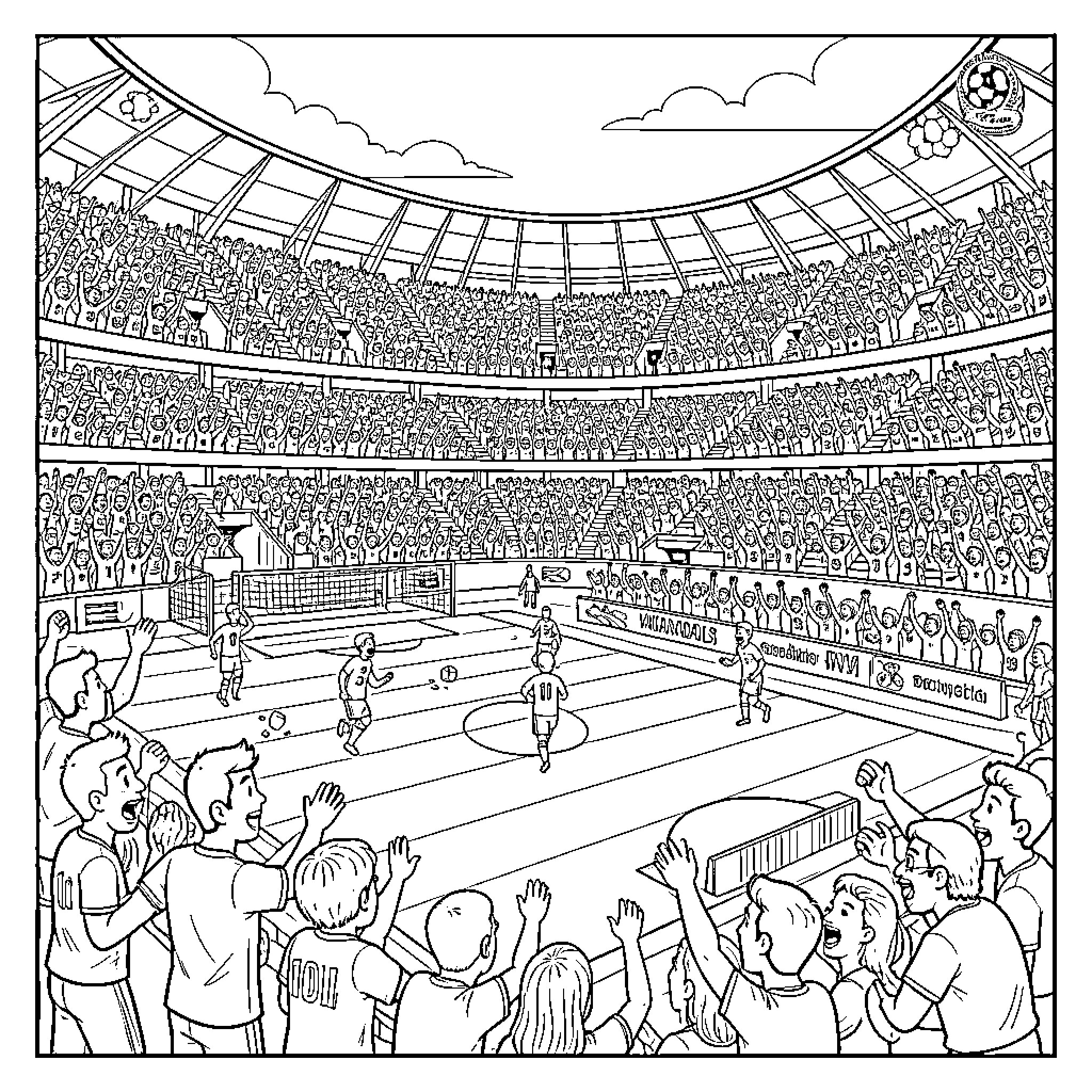Stadium crowd cheering for soccer players on the pitch Coloring Page (free black-and-white line drawing printable PDF for all, from beginners to advanced learners, including children, teens, adults, and seniors)