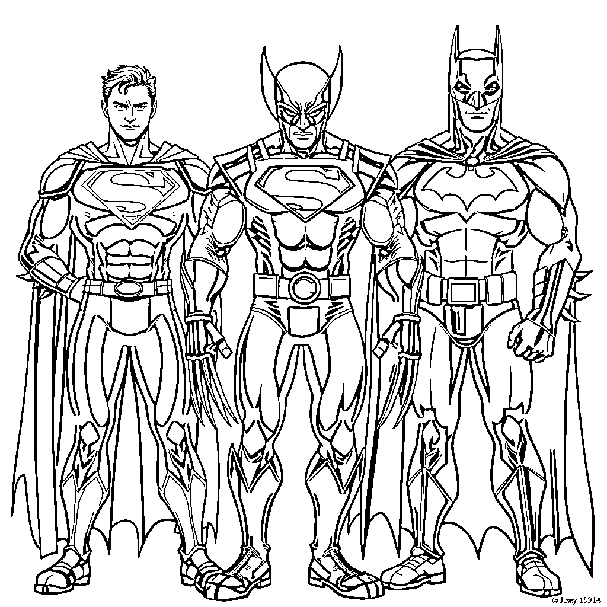Wolverine and superhero teammates in action poses Coloring Page (free black-and-white line drawing printable PDF for all, from beginners to advanced learners, including children, teens, adults, and seniors)