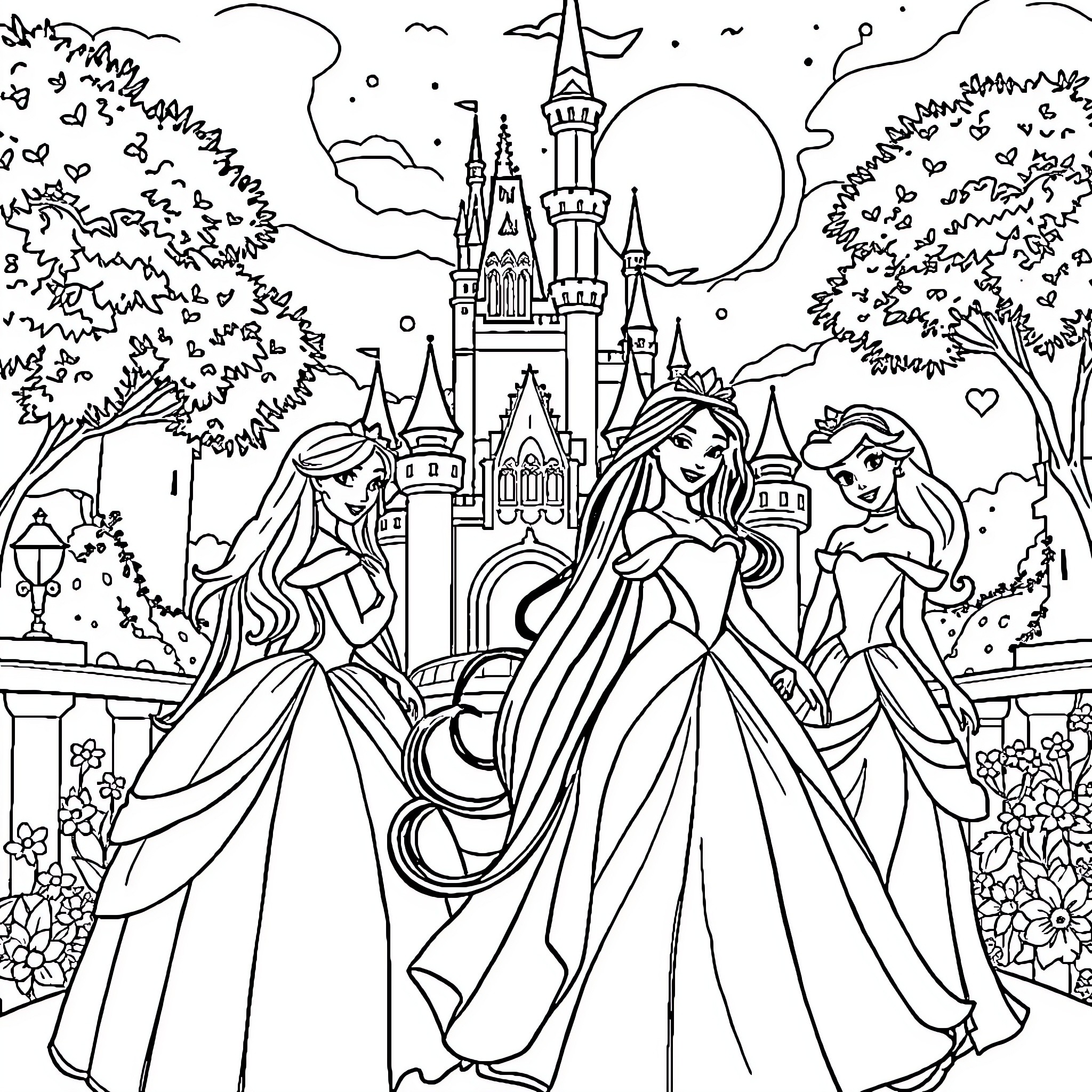 Disney Princess Castle Dream Fairytale Scene Coloring Page (free black-and-white line drawing printable PDF for all, from beginners to advanced learners, including children, teens, adults, and seniors)