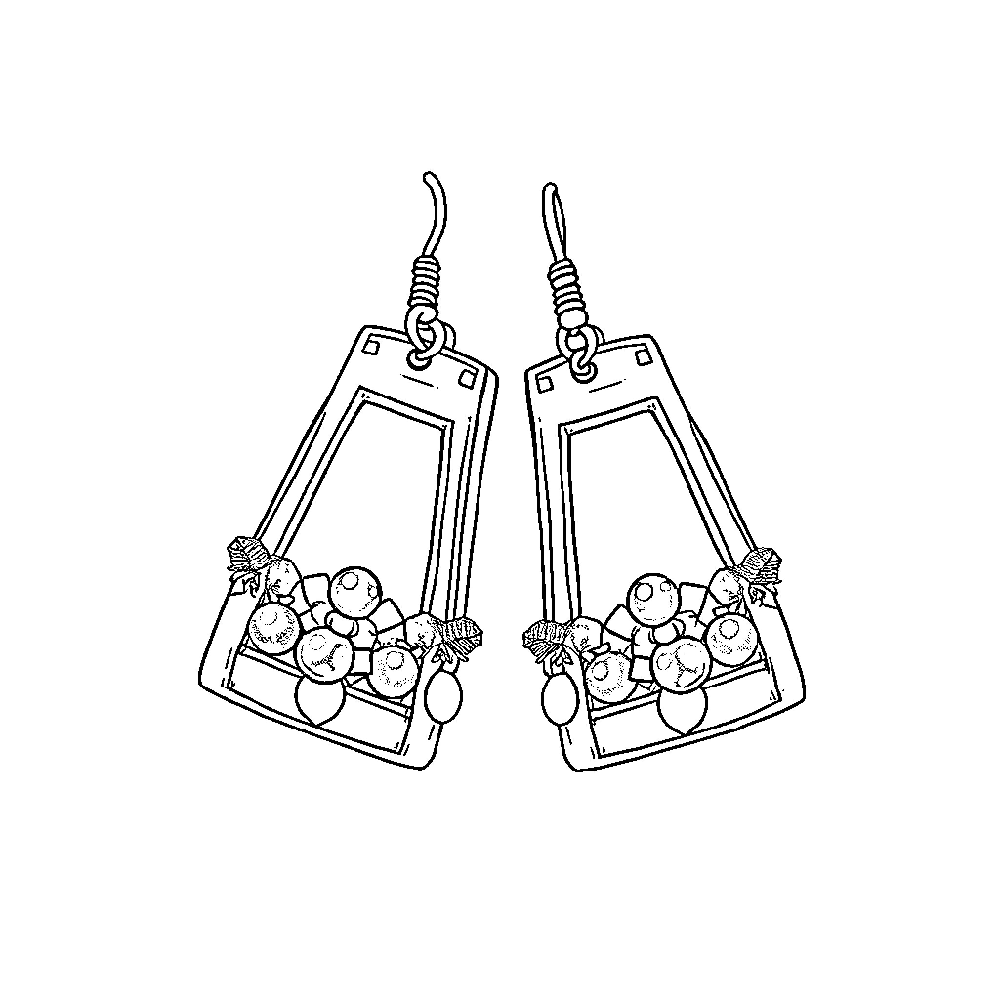 Earring with clustered gemstones in geometric frames Coloring Page (free black-and-white line drawing printable PDF for all, from beginners to advanced learners, including children, teens, adults, and seniors)
