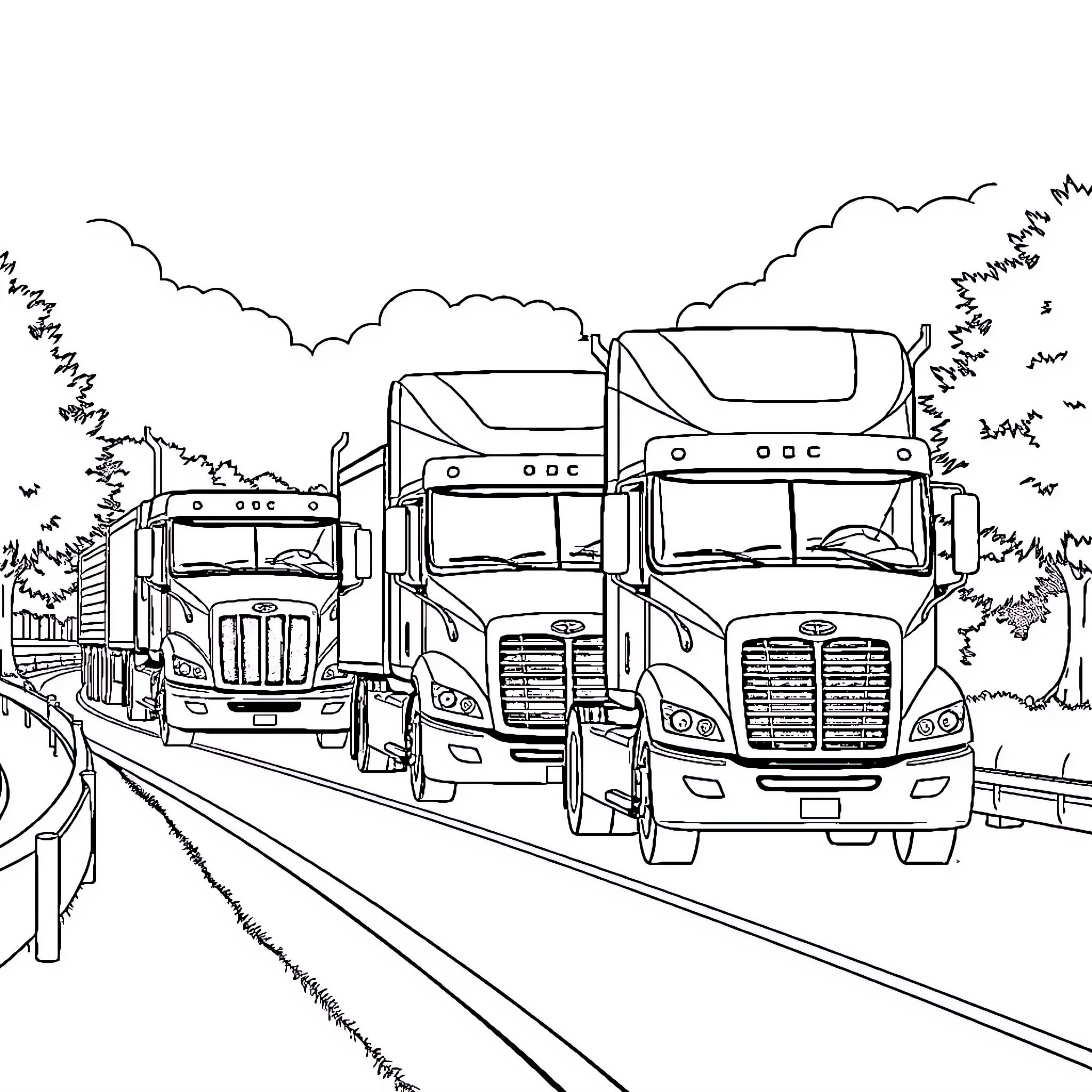 Truck Convoy Traversing the Open Road Coloring Page (free black-and-white line drawing printable PDF for all, from beginners to advanced learners, including children, teens, adults, and seniors)