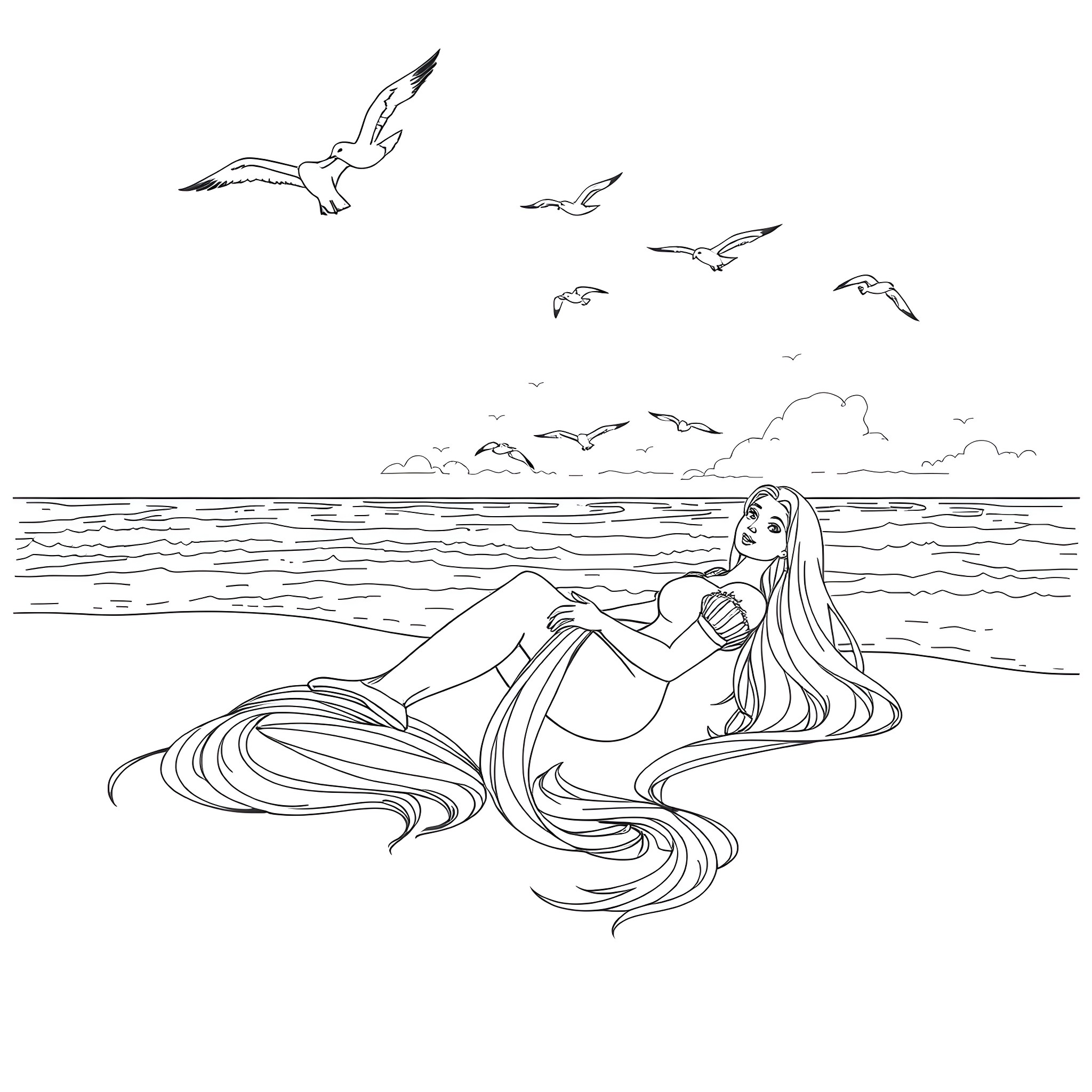 Rapunzel relaxing on the beach with seagulls Coloring Page (free black-and-white line drawing printable PDF for all, from beginners to advanced learners, including children, teens, adults, and seniors)
