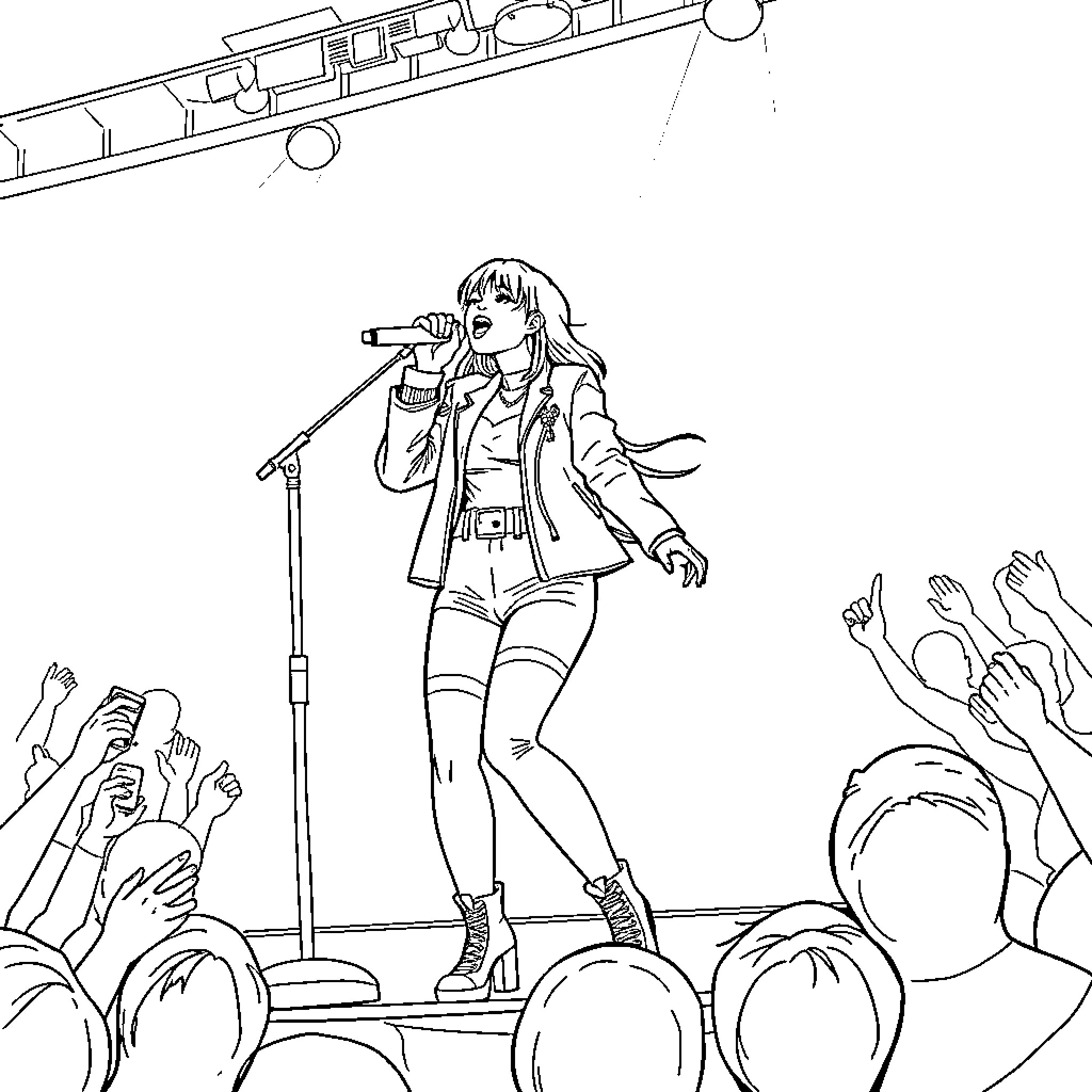Rumi performing on stage with a crowd Coloring Page (free black-and-white line drawing printable PDF for all, from beginners to advanced learners, including children, teens, adults, and seniors)