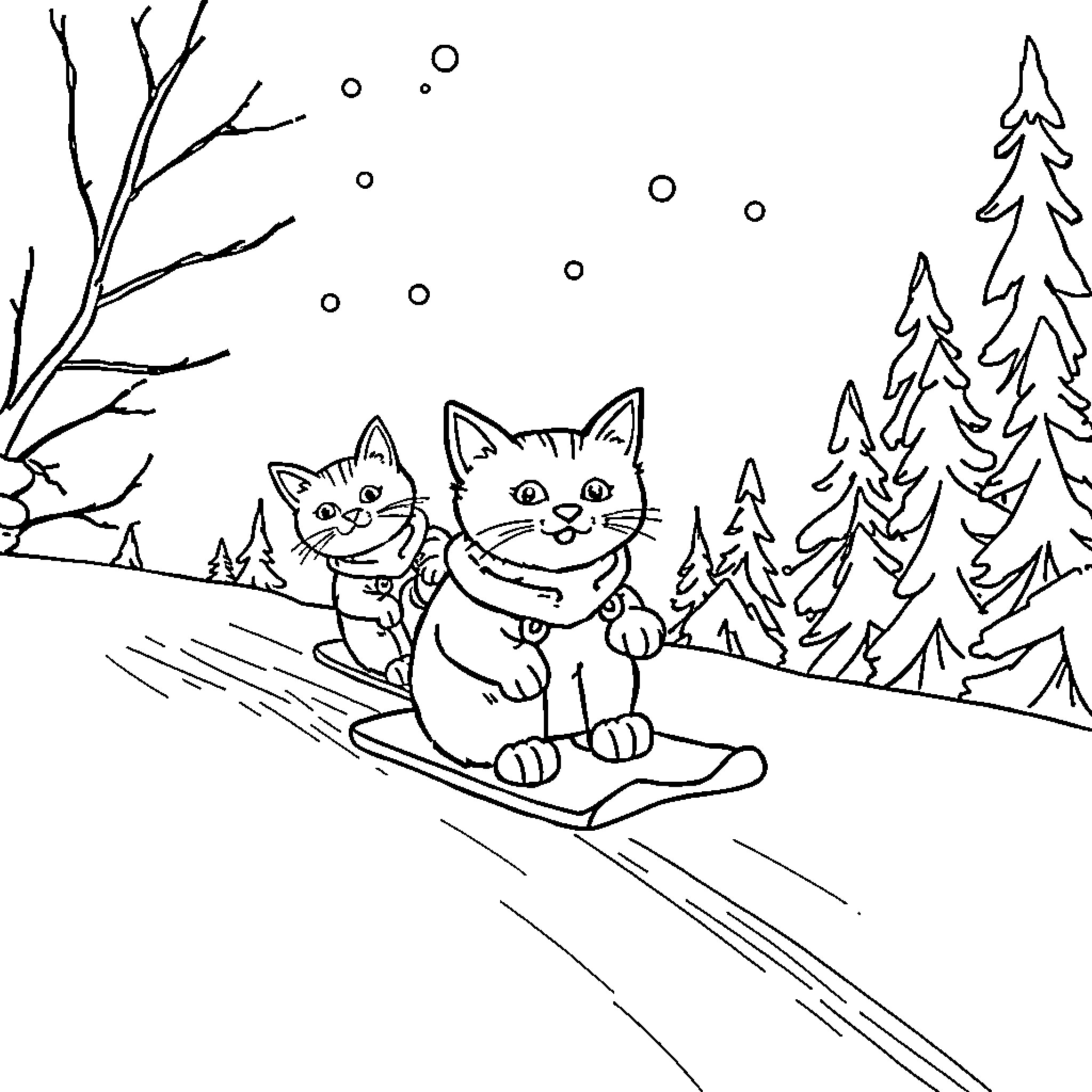 Cats sledding through the snowy forest Coloring Page (free black-and-white line drawing printable PDF for all, from beginners to advanced learners, including children, teens, adults, and seniors)