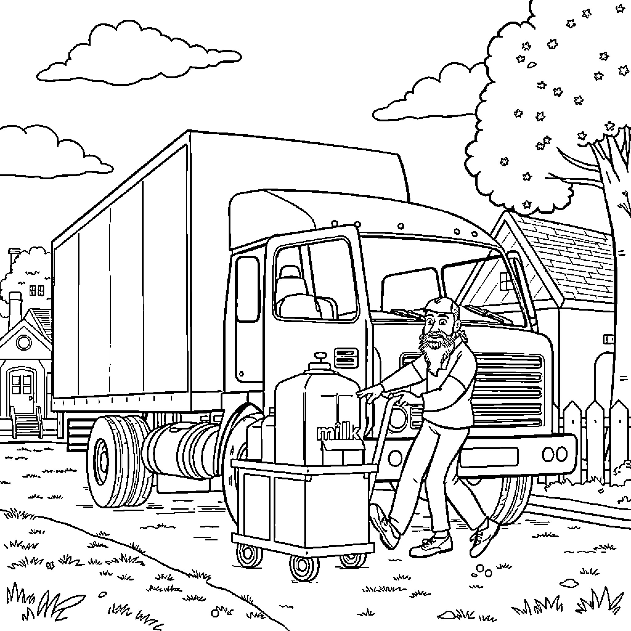 Truck driver unloading cargo in rural setting Coloring Page (free black-and-white line drawing printable PDF for all, from beginners to advanced learners, including children, teens, adults, and seniors)