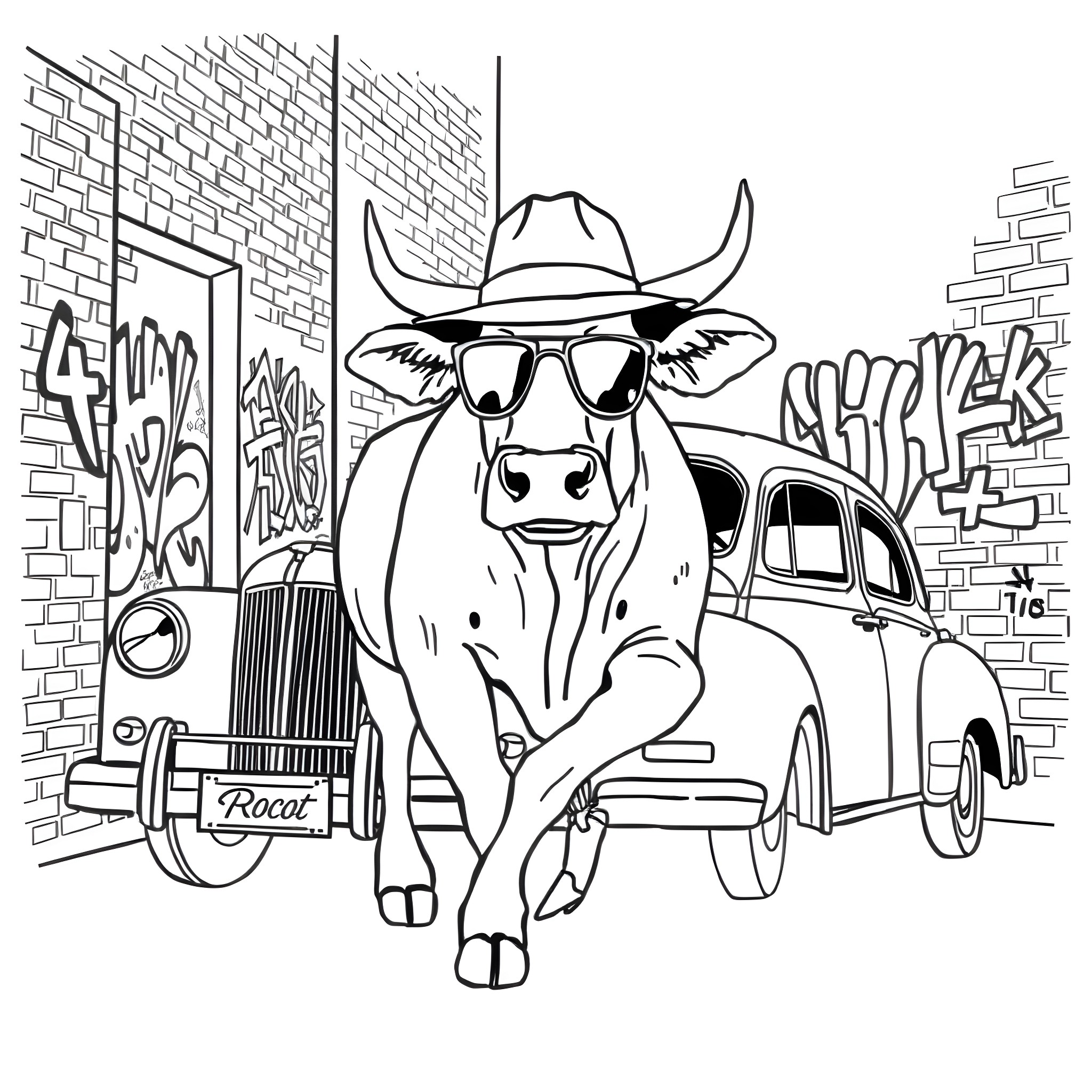 Gangster Cow Cruising in Vintage Car on Graffiti Alley Coloring Page (free black-and-white line drawing printable PDF for all, from beginners to advanced learners, including children, teens, adults, and seniors)
