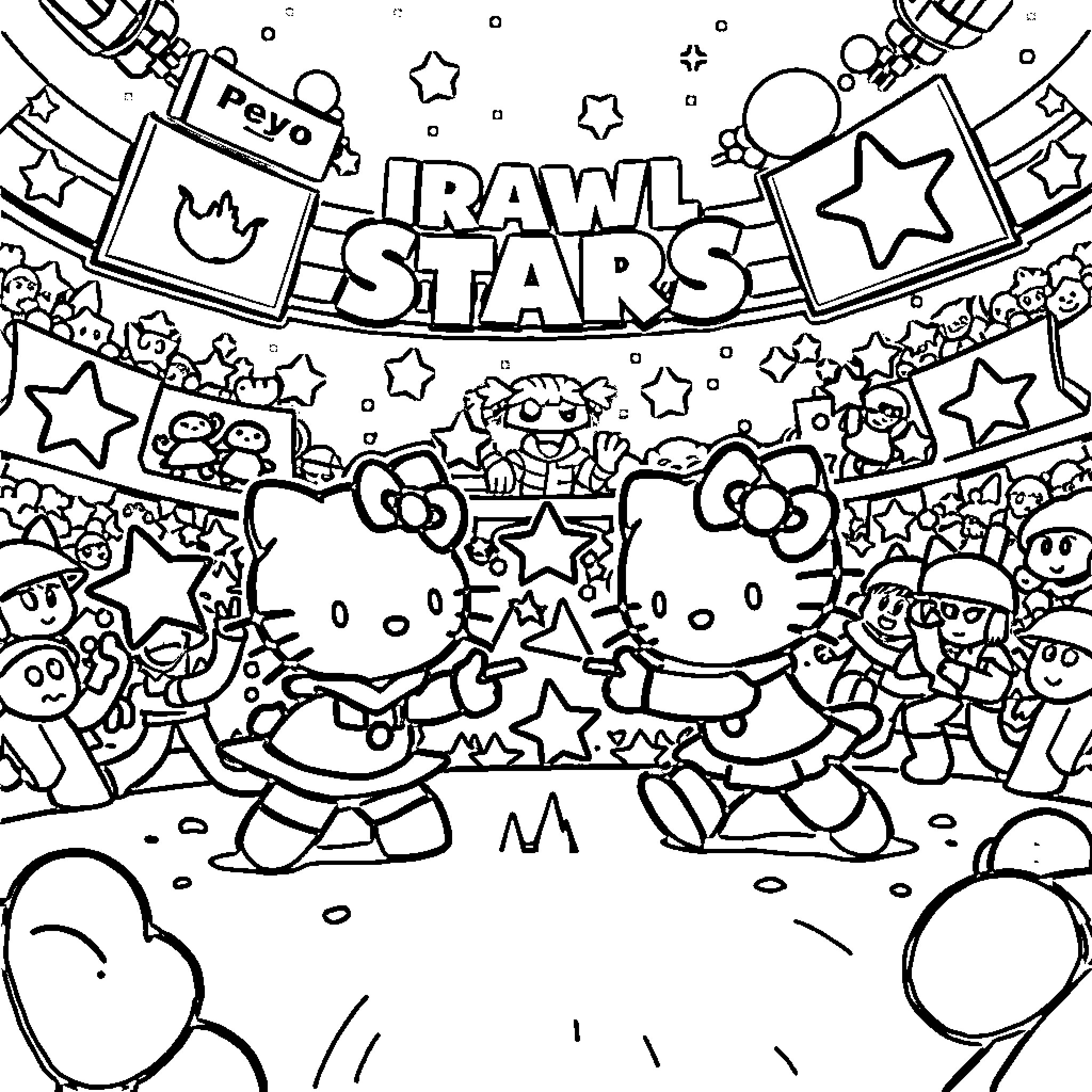 Hello Kitty Brawling Stars in Intergalactic Celebration Coloring Page (free black-and-white line drawing printable PDF for all, from beginners to advanced learners, including children, teens, adults, and seniors)