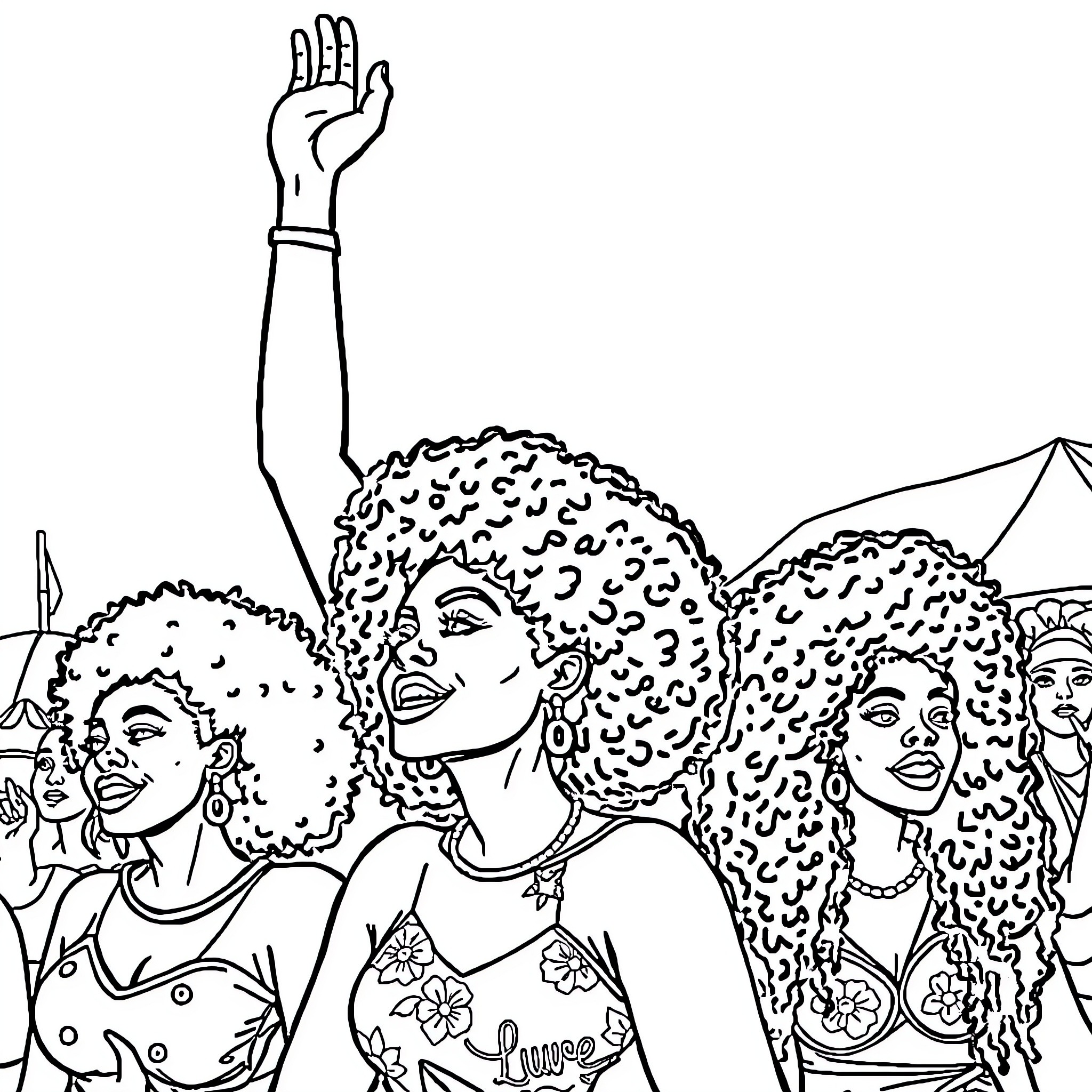 Lesbian friends celebrating at a joyful gathering Coloring Page (free black-and-white line drawing printable PDF for all, from beginners to advanced learners, including children, teens, adults, and seniors)