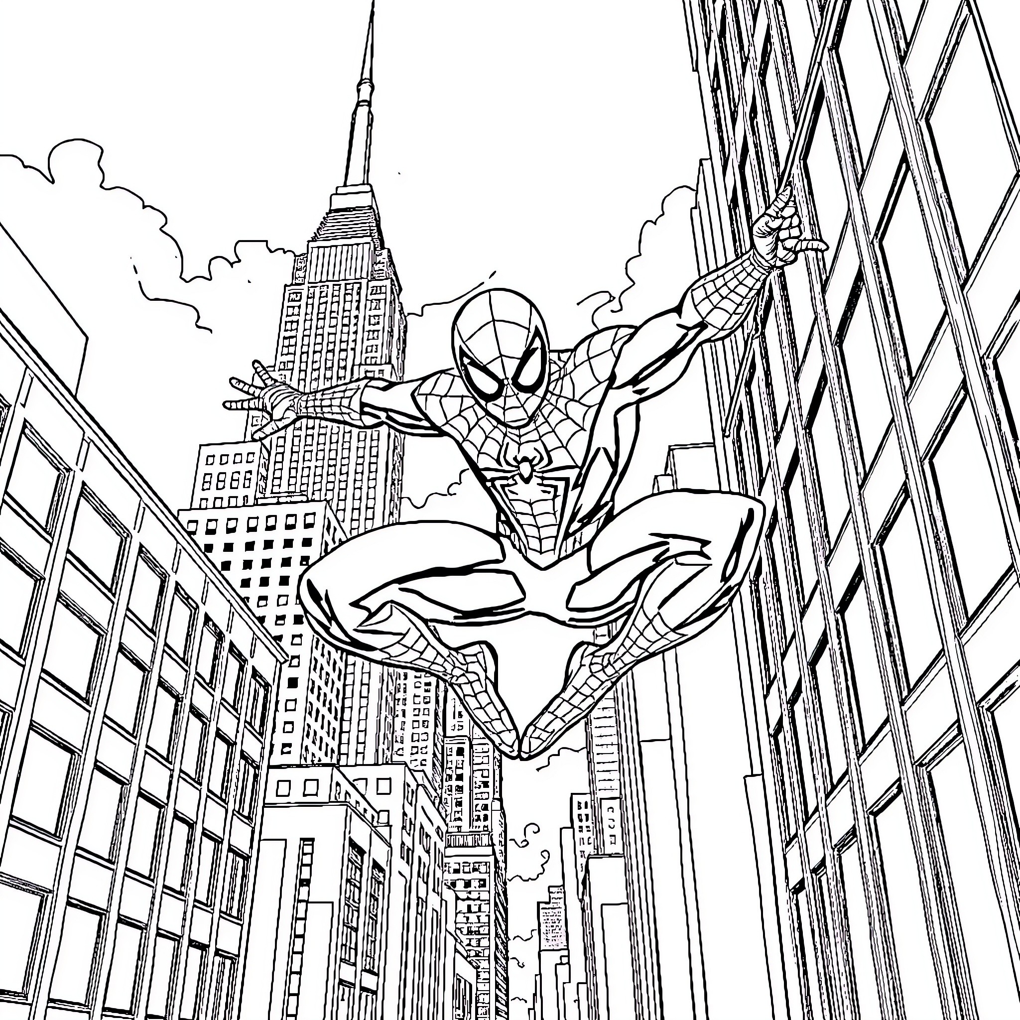 Spiderman swinging through the city skyline Coloring Page (free black-and-white line drawing printable PDF for all, from beginners to advanced learners, including children, teens, adults, and seniors)