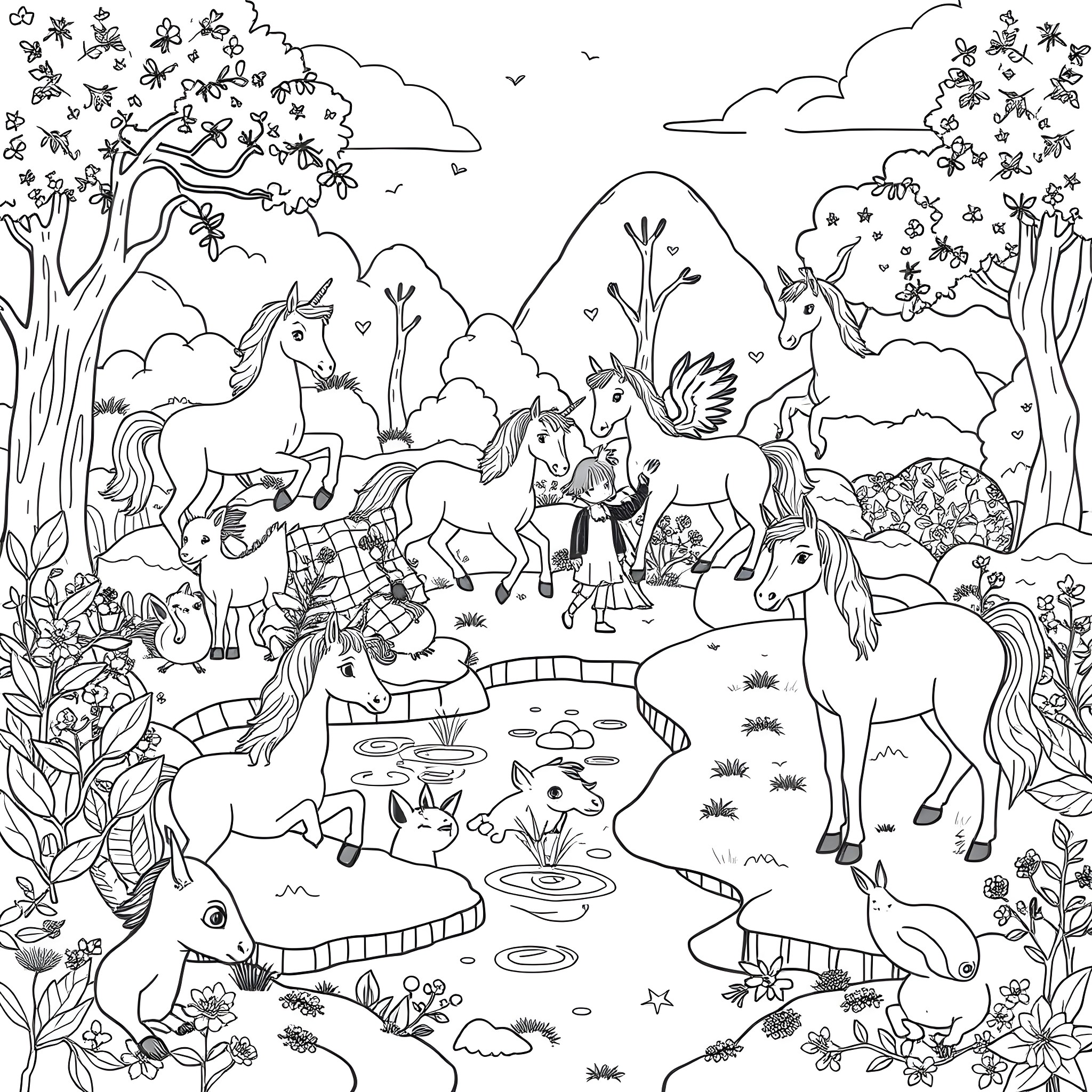 Unicorn fantasy world with playful creatures Coloring Page (free black-and-white line drawing printable PDF for all, from beginners to advanced learners, including children, teens, adults, and seniors)