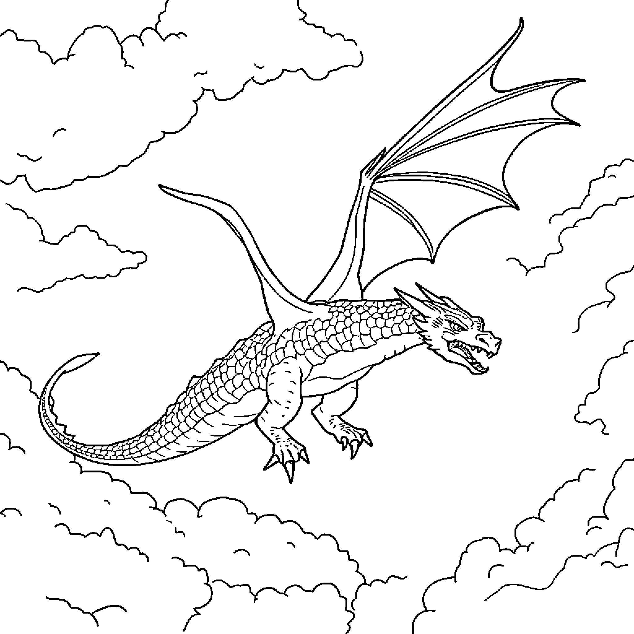 Dragon soaring through cloudy skies Coloring Page (free black-and-white line drawing printable PDF for all, from beginners to advanced learners, including children, teens, adults, and seniors)