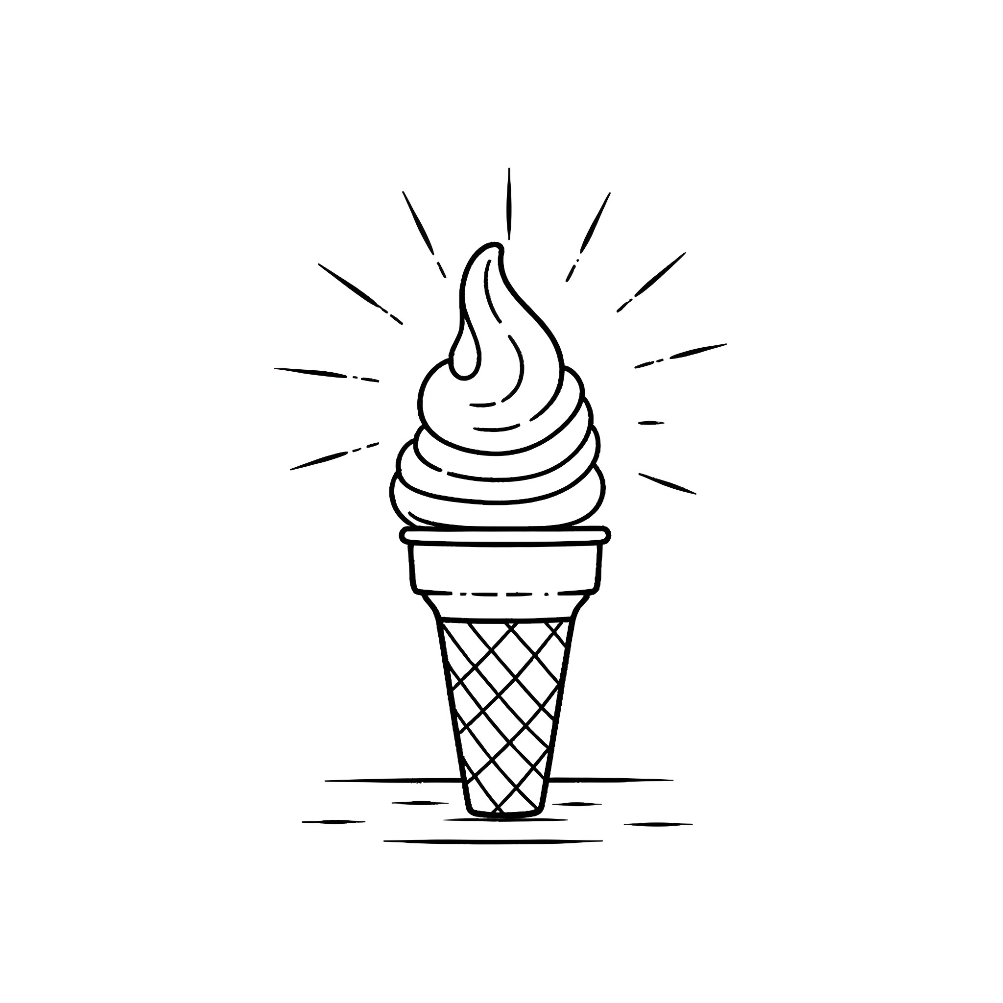 Ice Cream Cone with Shine Coloring Page (free black-and-white line drawing printable PDF for all, from beginners to advanced learners, including children, teens, adults, and seniors)