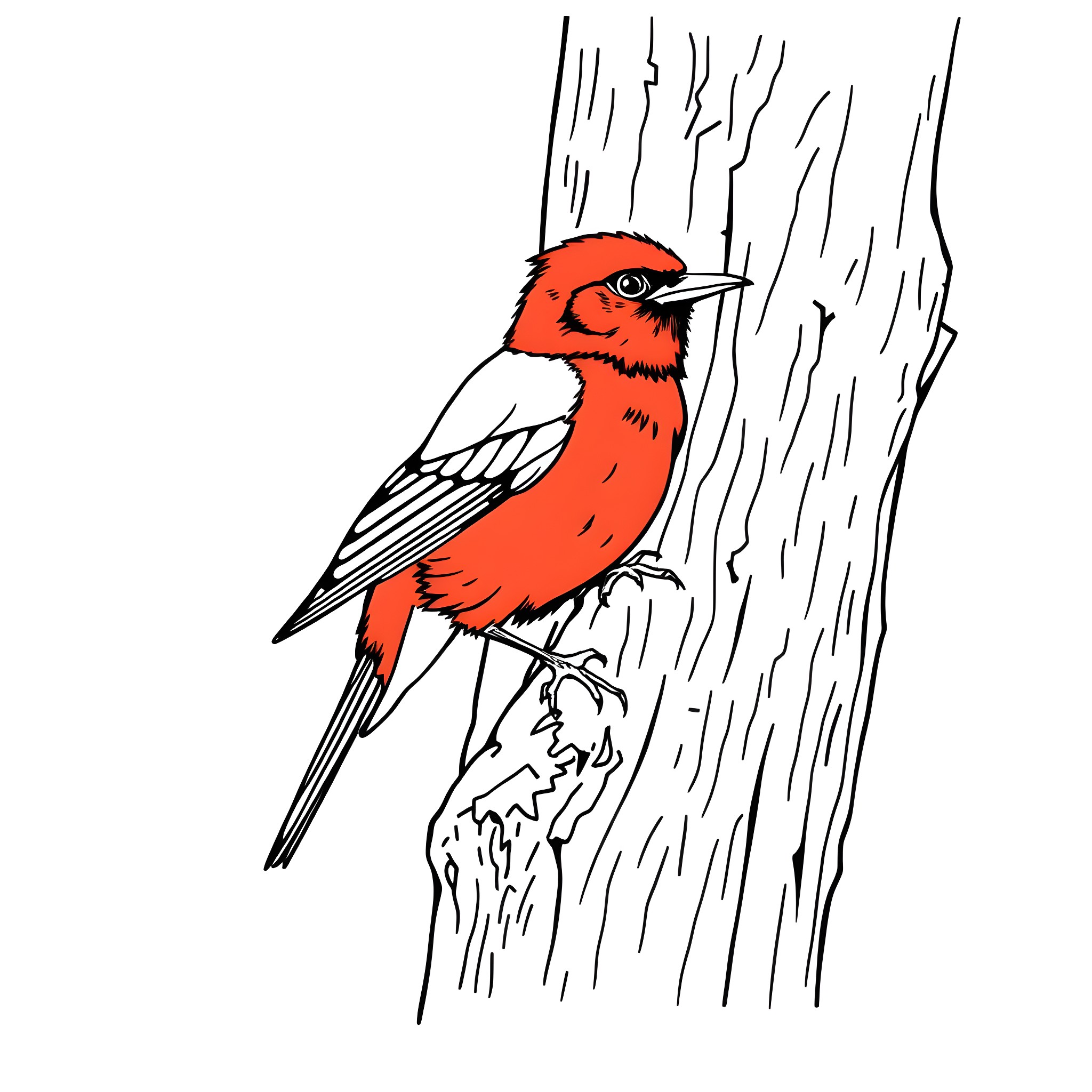 Tanager perched on a tree trunk Coloring Page (free black-and-white line drawing printable PDF for all, from beginners to advanced learners, including children, teens, adults, and seniors)