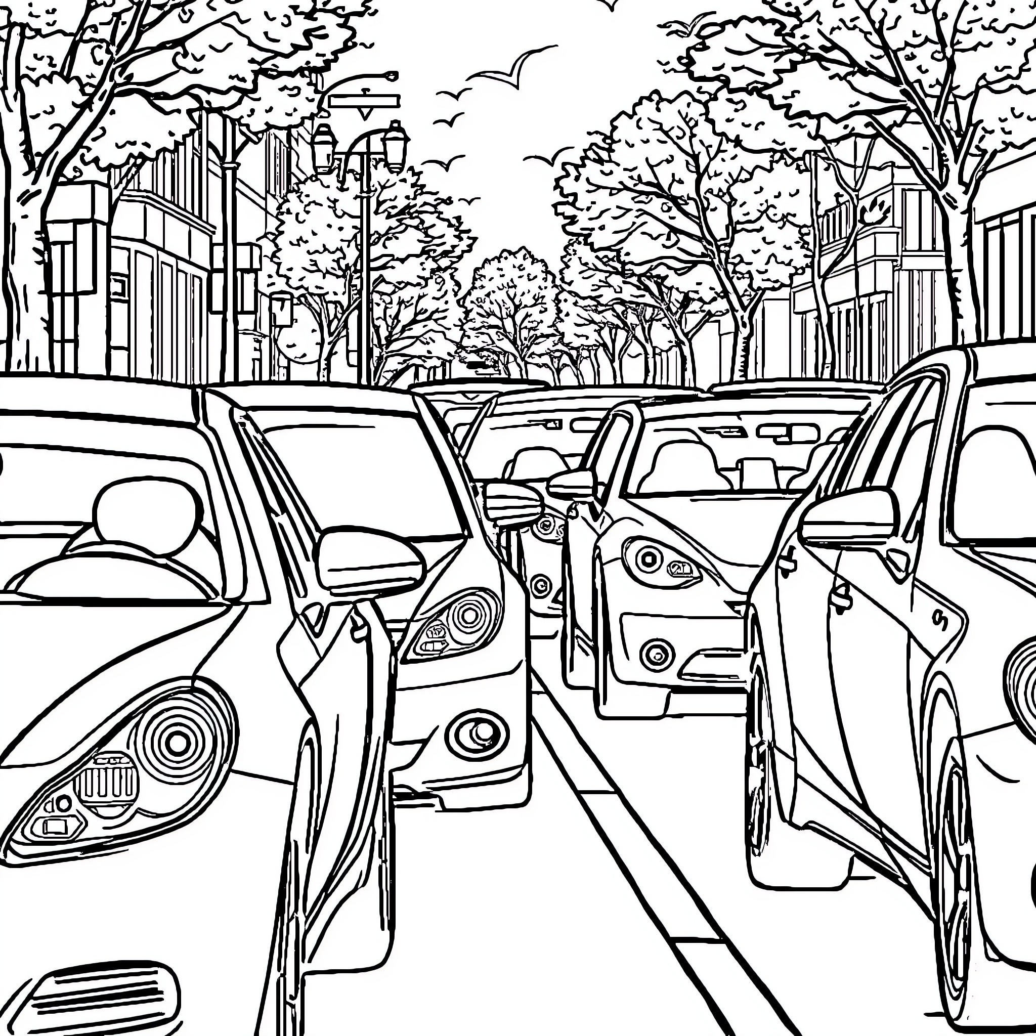 Car traffic in the city street with trees Coloring Page (free black-and-white line drawing printable PDF for all, from beginners to advanced learners, including children, teens, adults, and seniors)