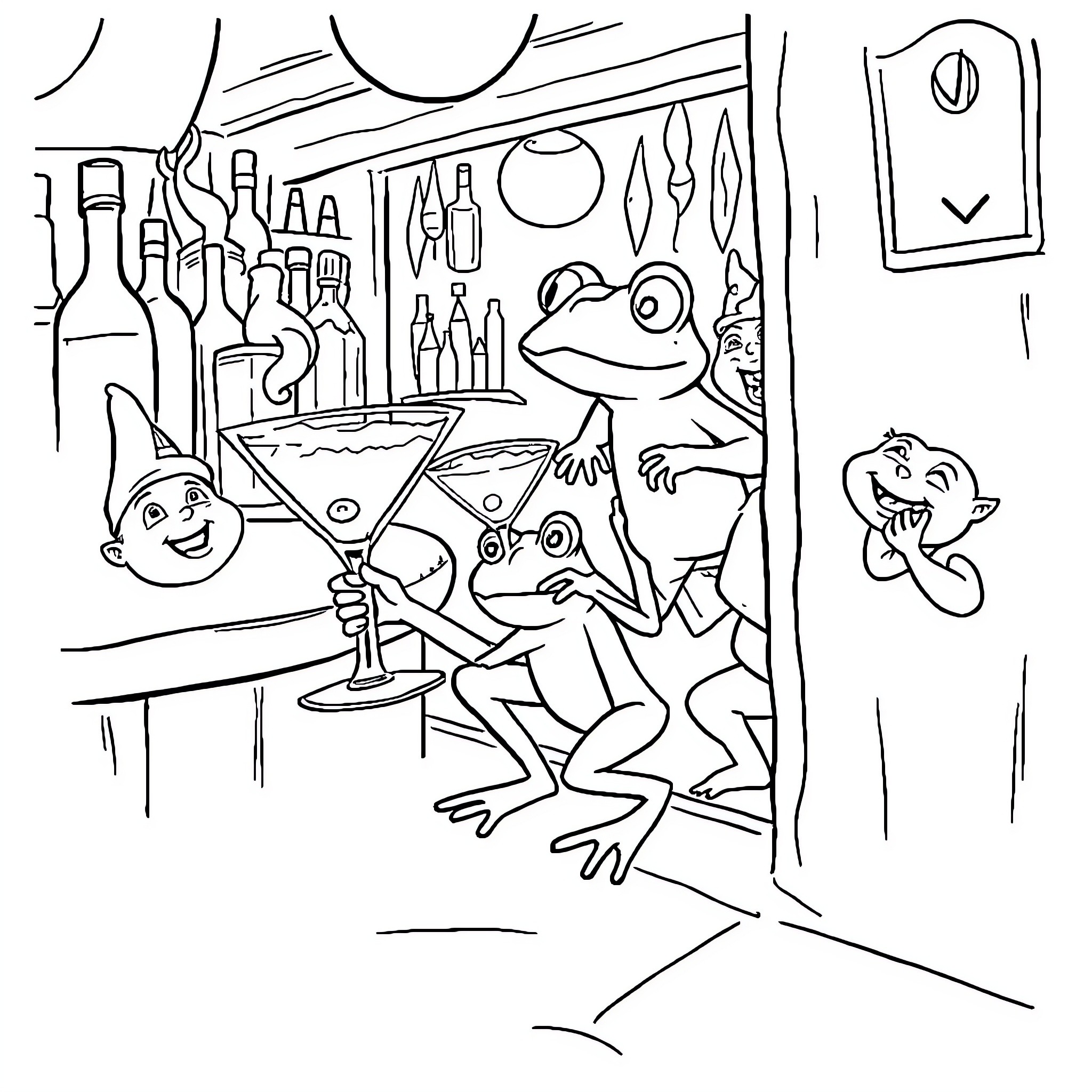 Frogs partying at the bar Coloring Page (free black-and-white line drawing printable PDF for all, from beginners to advanced learners, including children, teens, adults, and seniors)