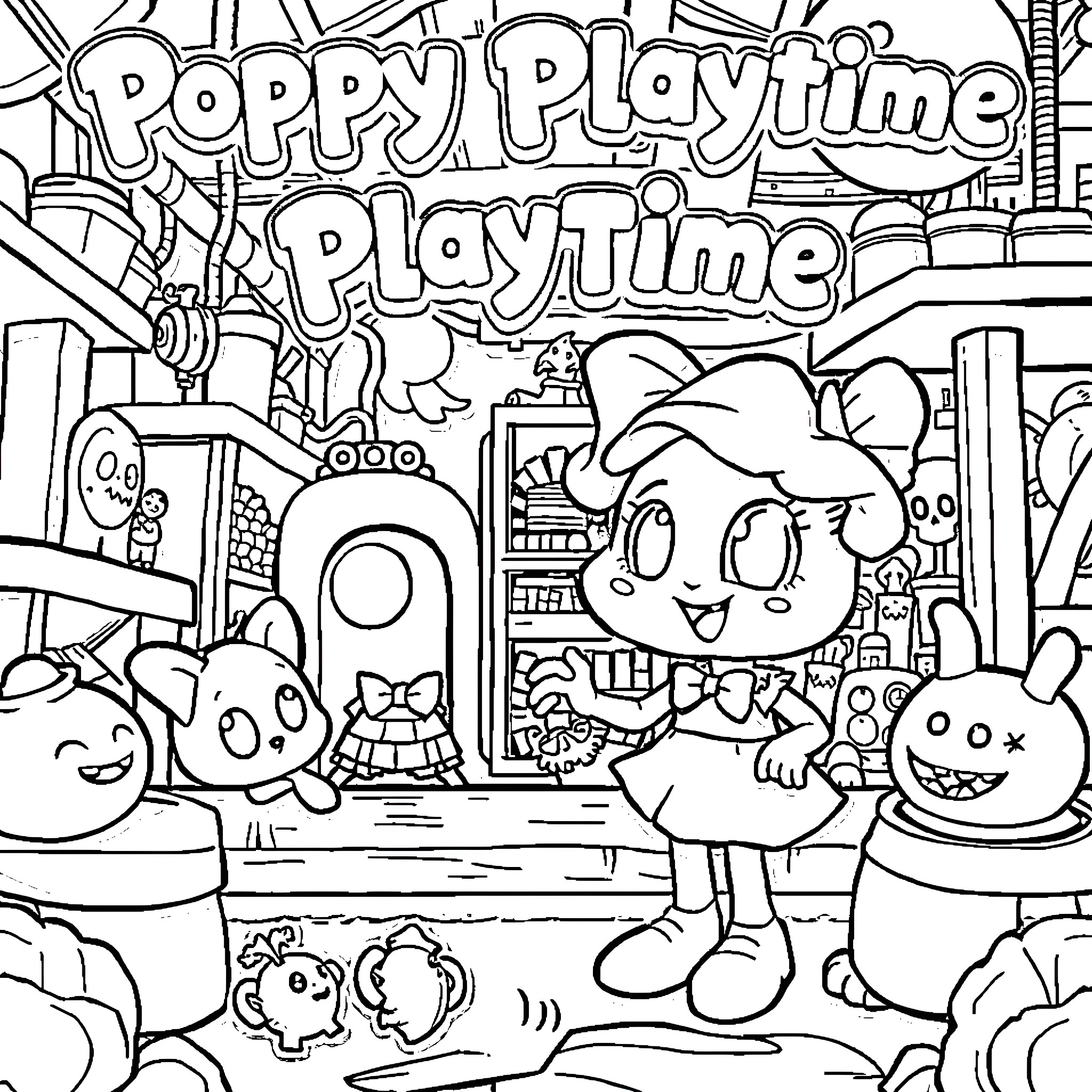 Poppy's Playful Playtime Adventure Coloring Page (free black-and-white line drawing printable PDF for all, from beginners to advanced learners, including children, teens, adults, and seniors)