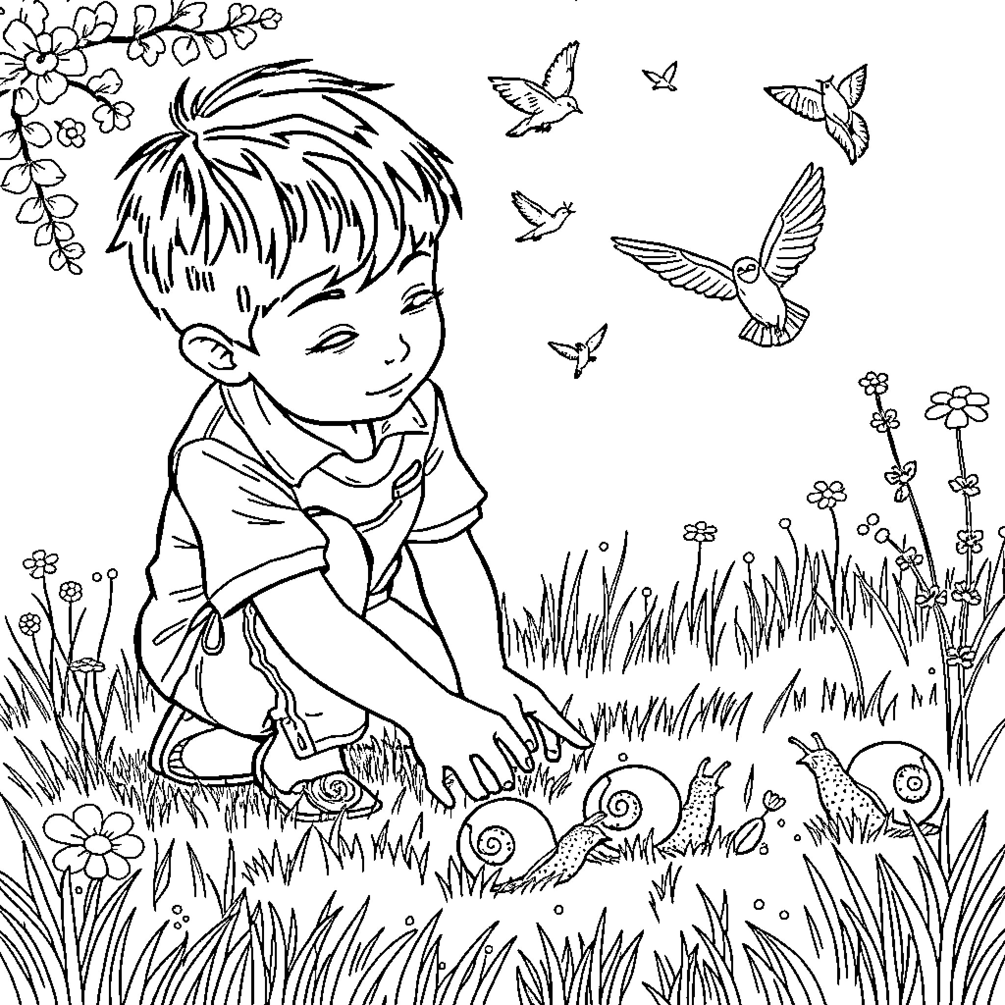 Teen explores nature's wonders in the garden Coloring Page (free black-and-white line drawing printable PDF for all, from beginners to advanced learners, including children, teens, adults, and seniors)