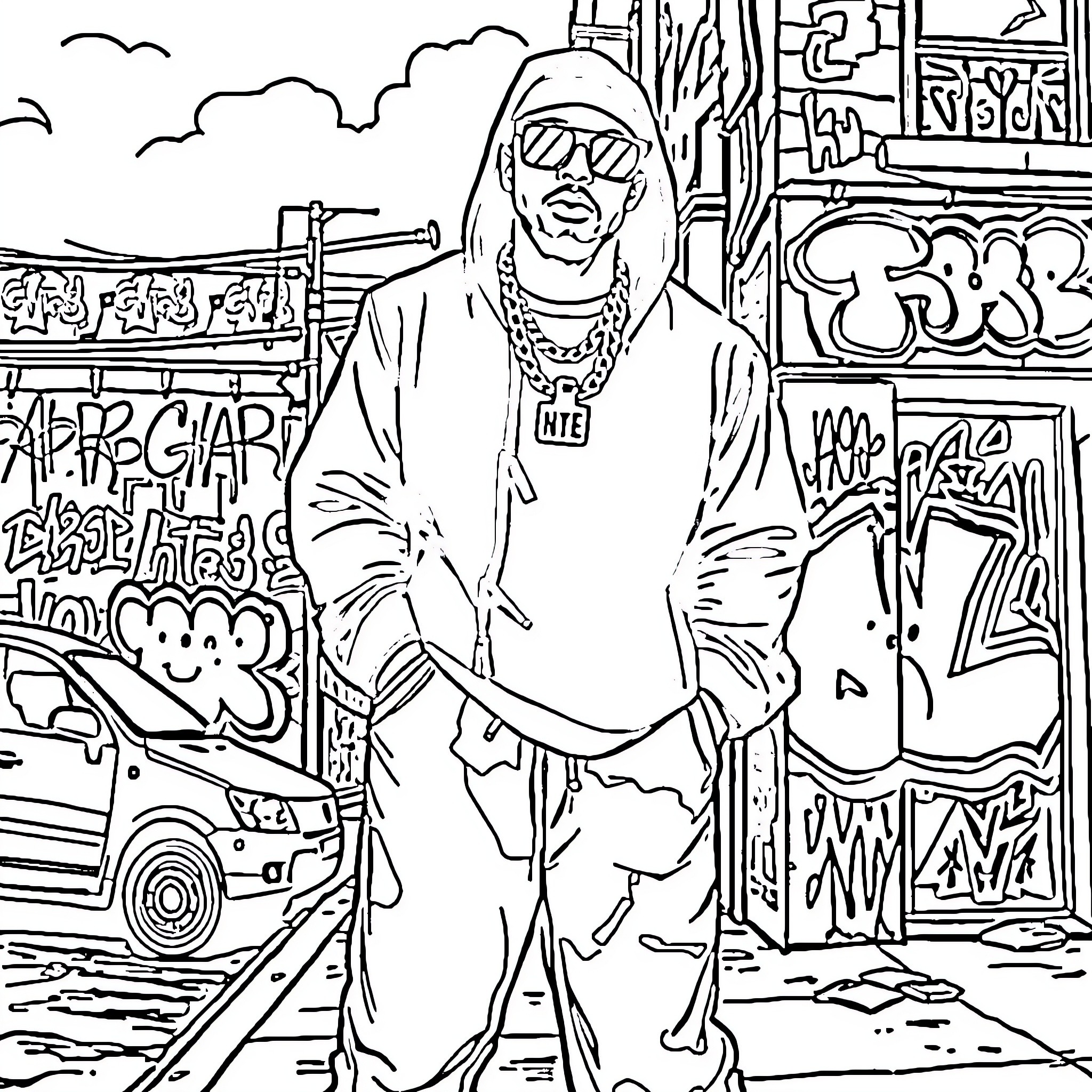 Rapper in urban streetscape with graffiti and car Coloring Page (free black-and-white line drawing printable PDF for all, from beginners to advanced learners, including children, teens, adults, and seniors)