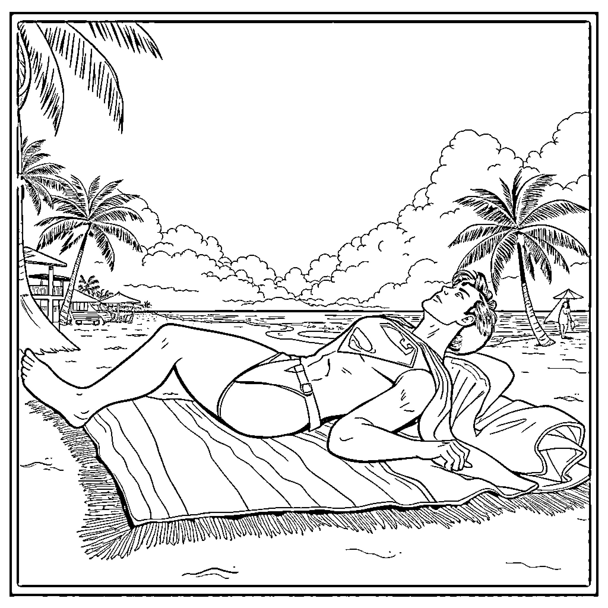 Superman resting on the beach under palm trees Coloring Page (free black-and-white line drawing printable PDF for all, from beginners to advanced learners, including children, teens, adults, and seniors)