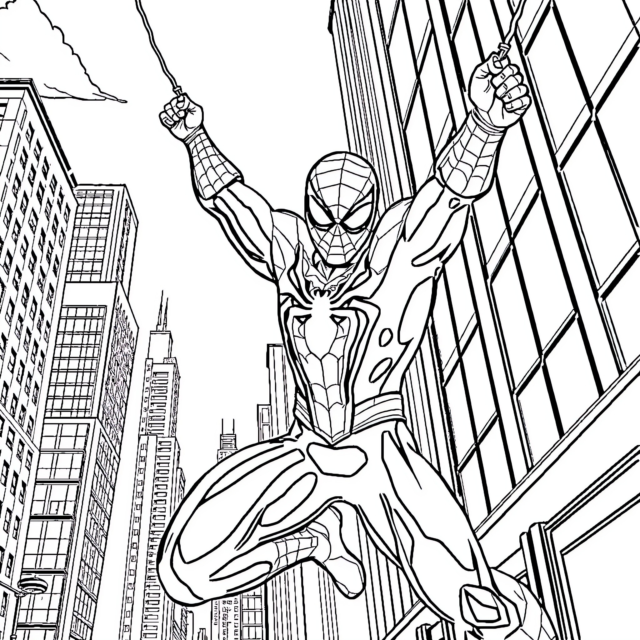 Spiderman swinging heroically through city skyscrapers Coloring Page (free black-and-white line drawing printable PDF for all, from beginners to advanced learners, including children, teens, adults, and seniors)