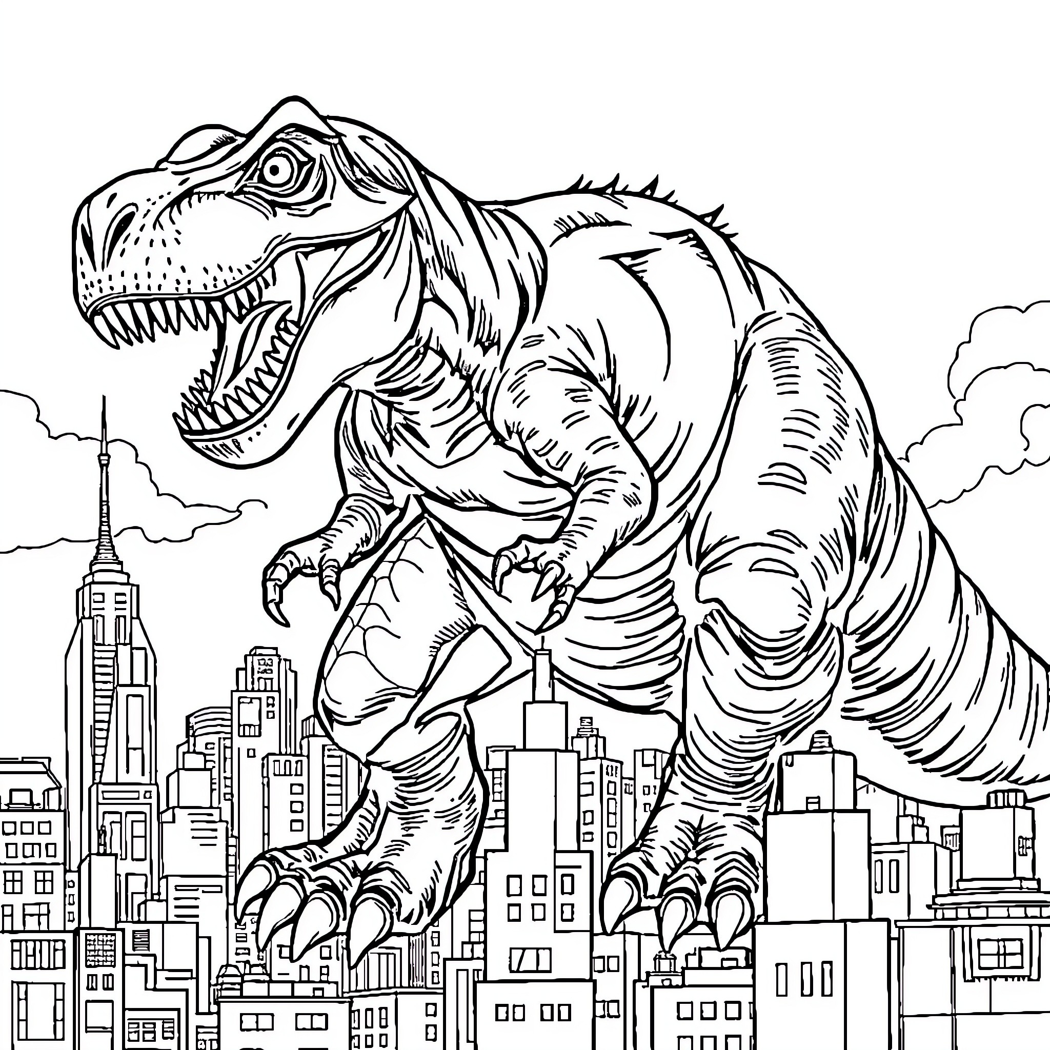 Goblin Dinosaur Rampaging Through the City Coloring Page (free black-and-white line drawing printable PDF for all, from beginners to advanced learners, including children, teens, adults, and seniors)