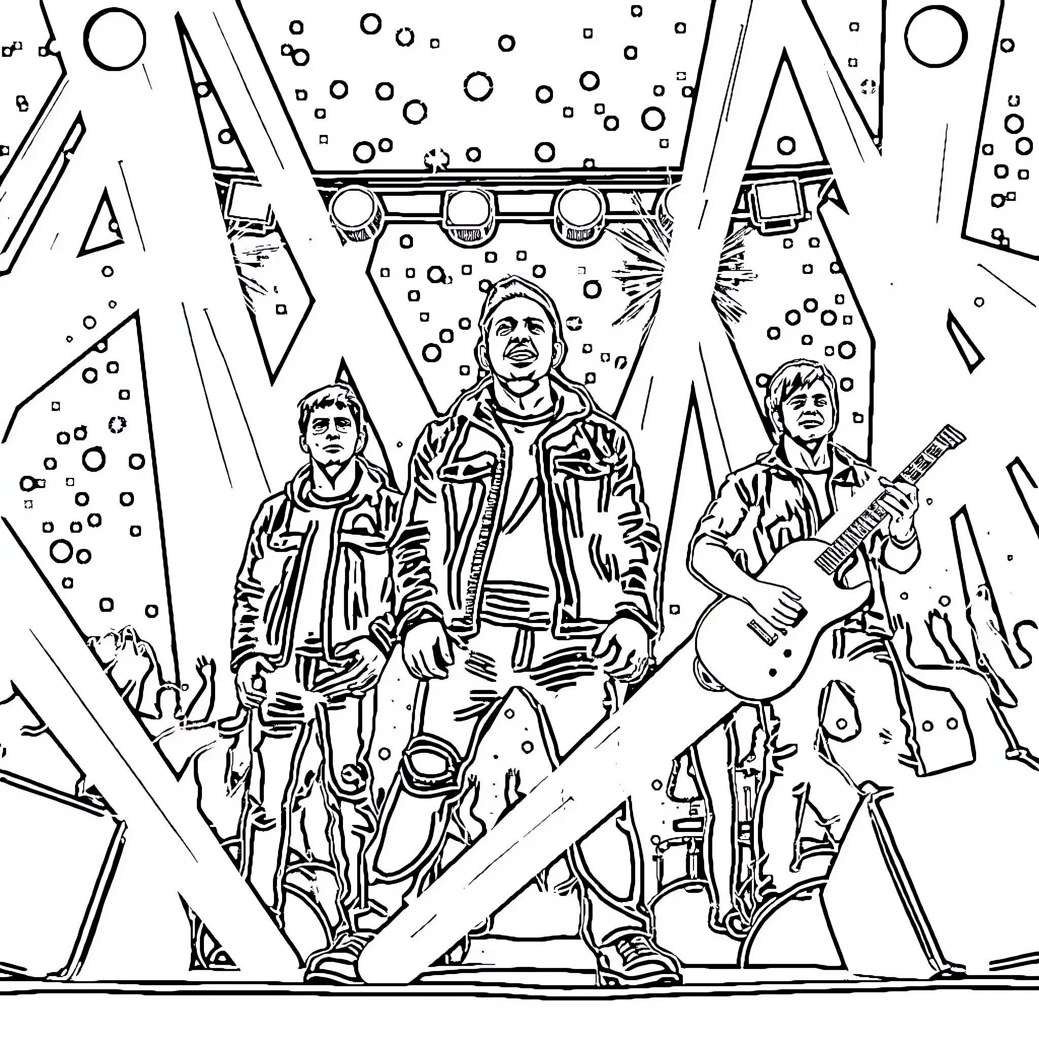 Linkin Park Performing on Stage with Guitars Coloring Page (free black-and-white line drawing printable PDF for all, from beginners to advanced learners, including children, teens, adults, and seniors)