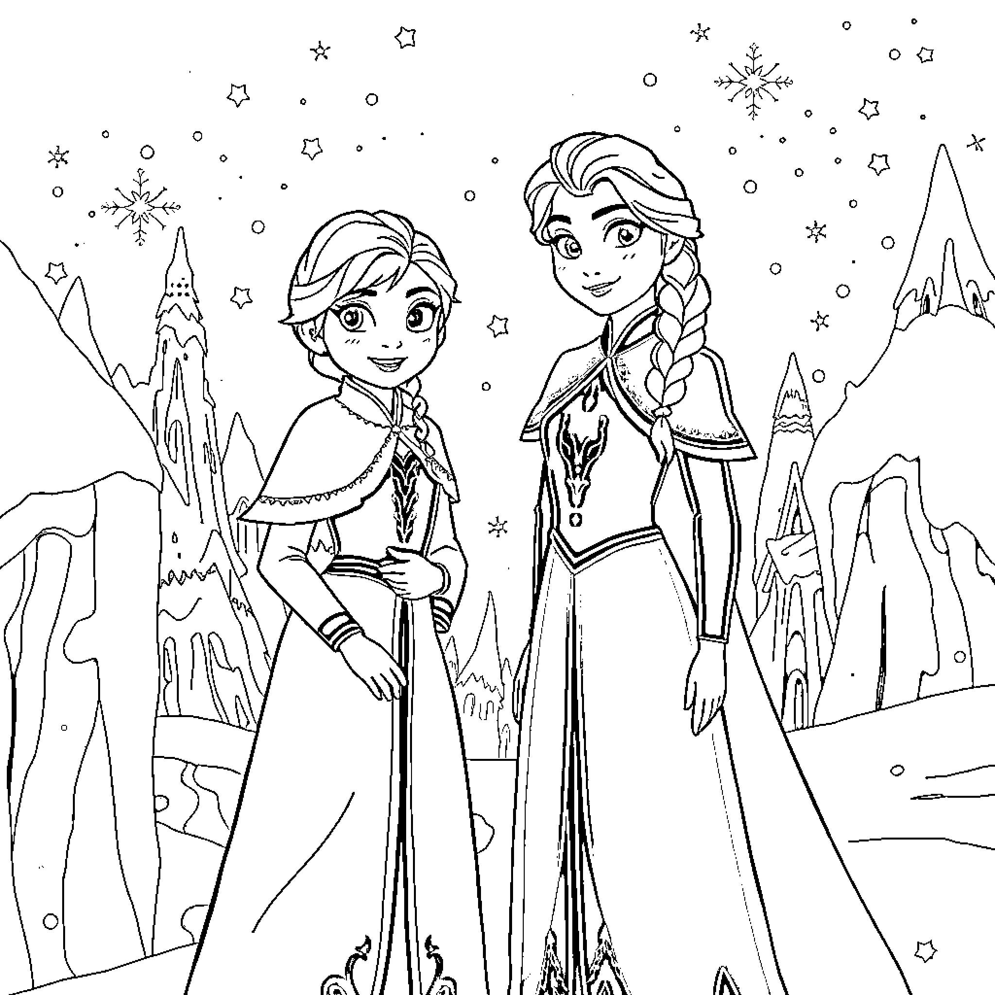 Anna and Elsa in Winter Wonderland Coloring Page (free black-and-white line drawing printable PDF for all, from beginners to advanced learners, including children, teens, adults, and seniors)