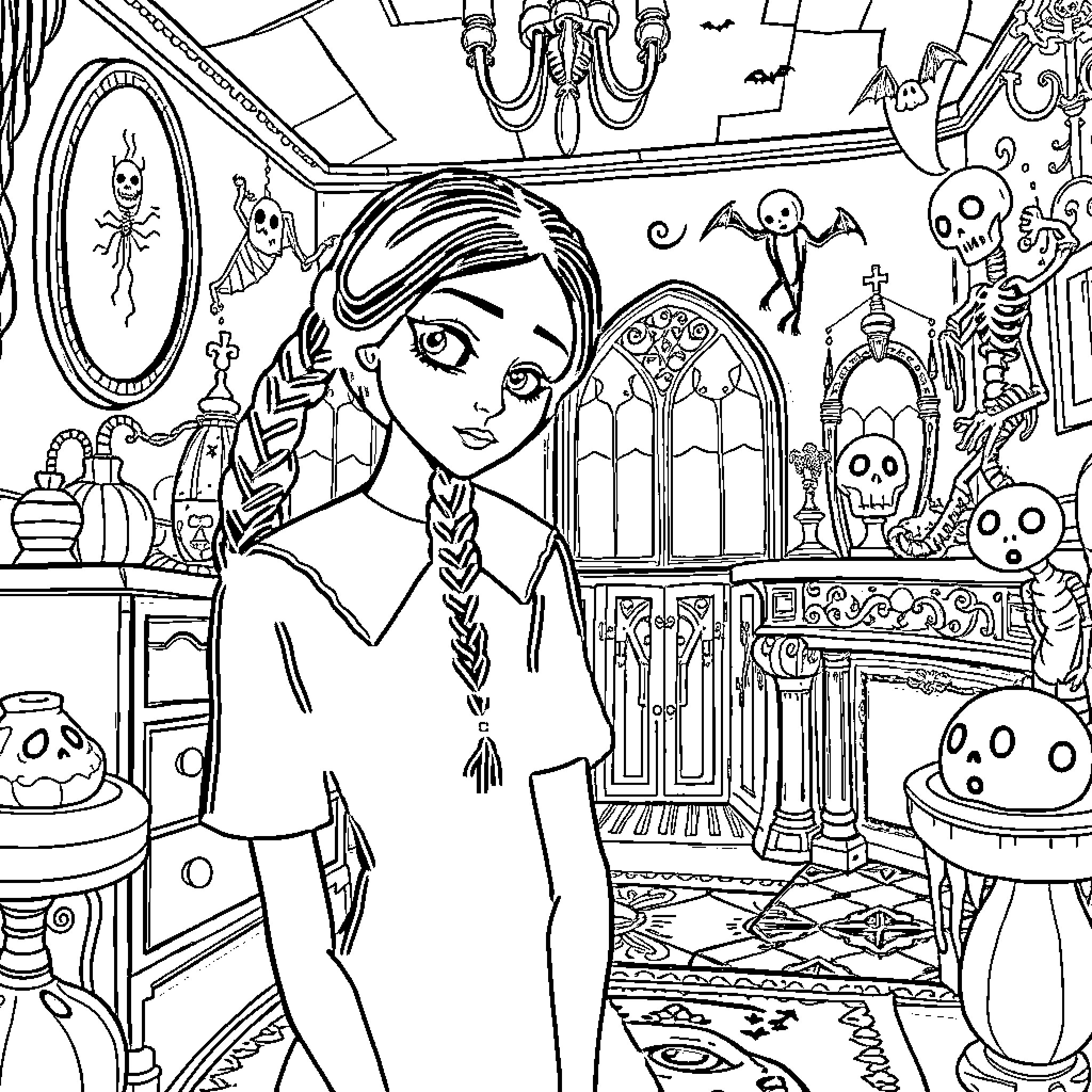 Wednesday's Spooky Stroll Through the Haunted Halls Coloring Page (free black-and-white line drawing printable PDF for all, from beginners to advanced learners, including children, teens, adults, and seniors)