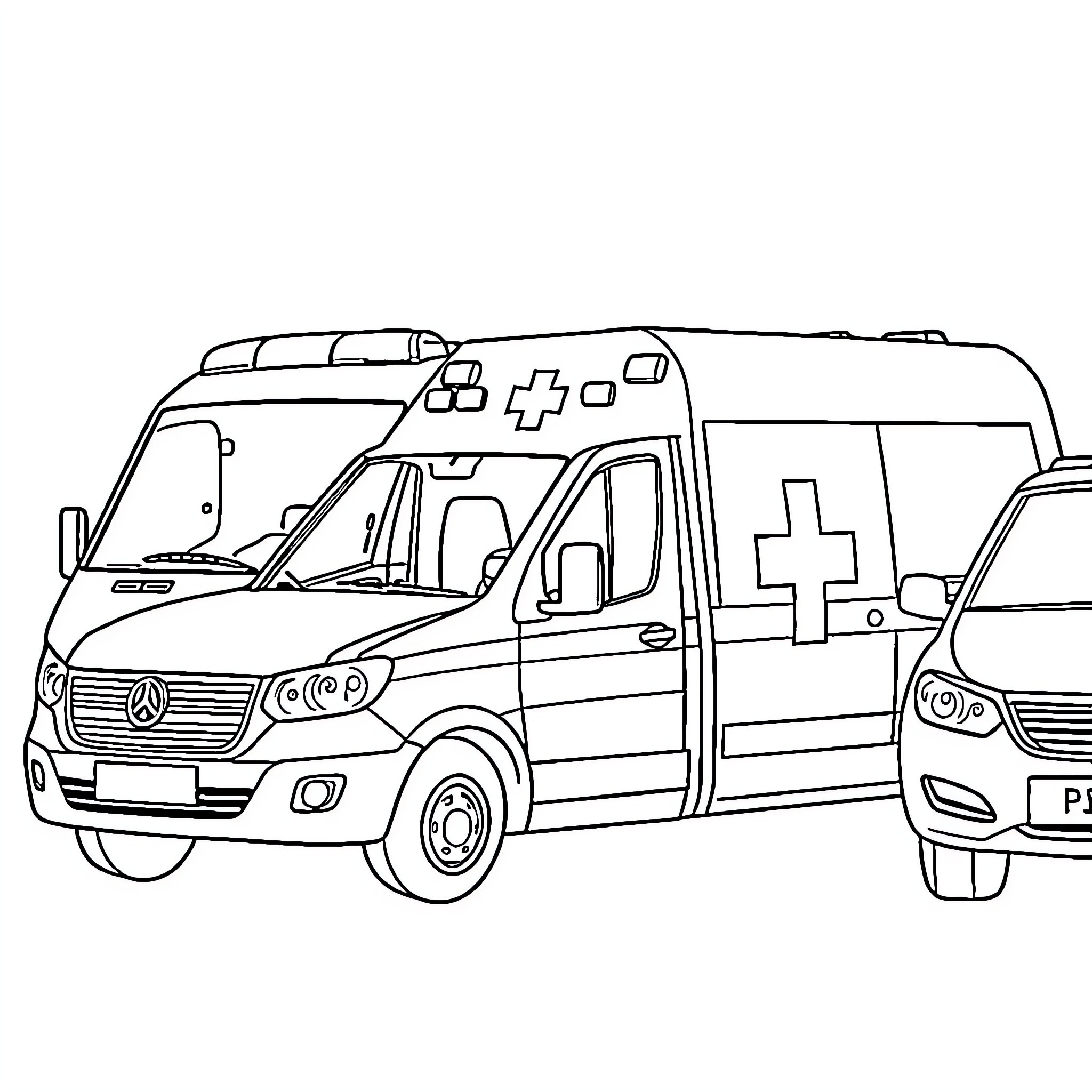 Emergency Vehicle Transporting Injured Patients Coloring Page (free black-and-white line drawing printable PDF for all, from beginners to advanced learners, including children, teens, adults, and seniors)