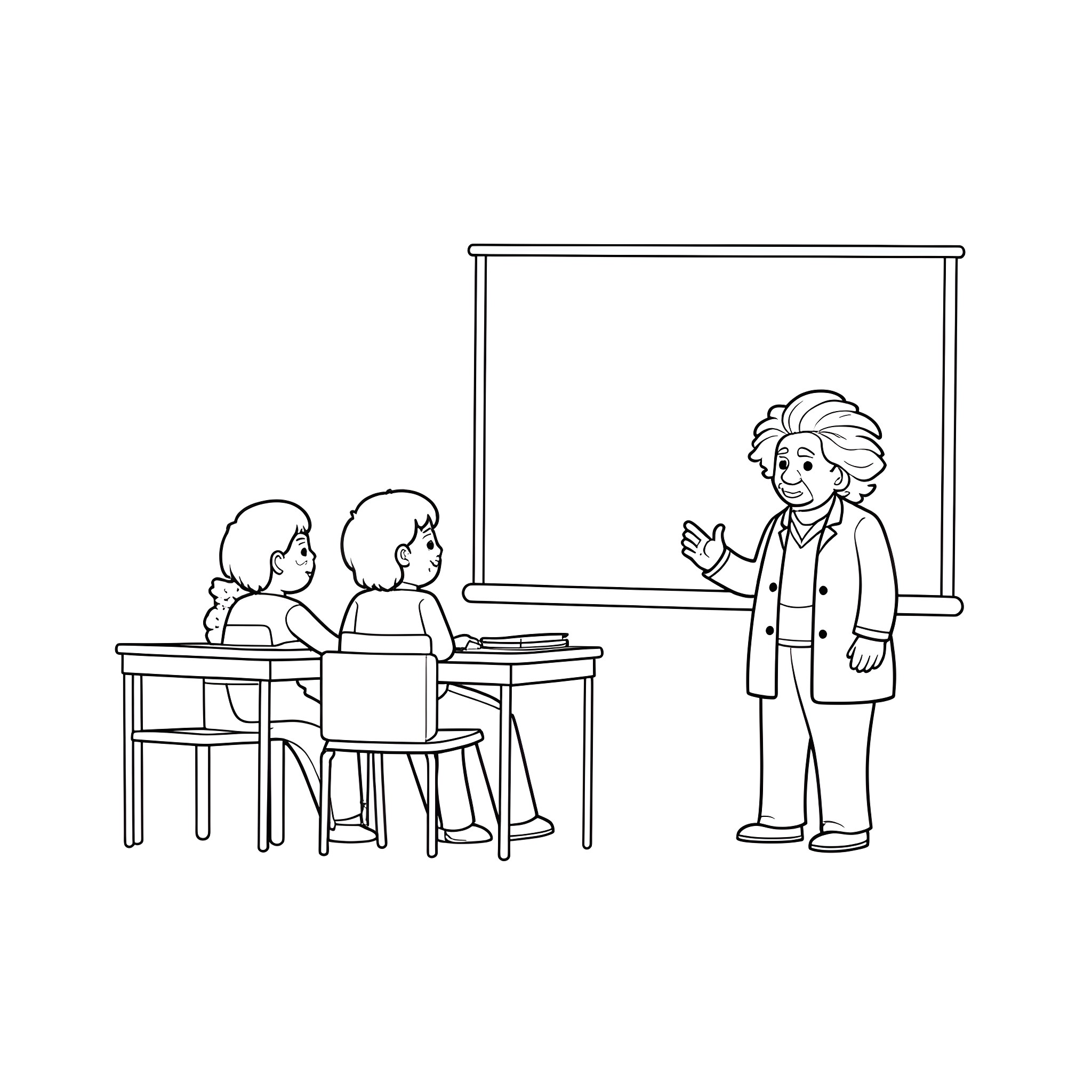 Einstein teaching students in the classroom Coloring Page (free black-and-white line drawing printable PDF for all, from beginners to advanced learners, including children, teens, adults, and seniors)