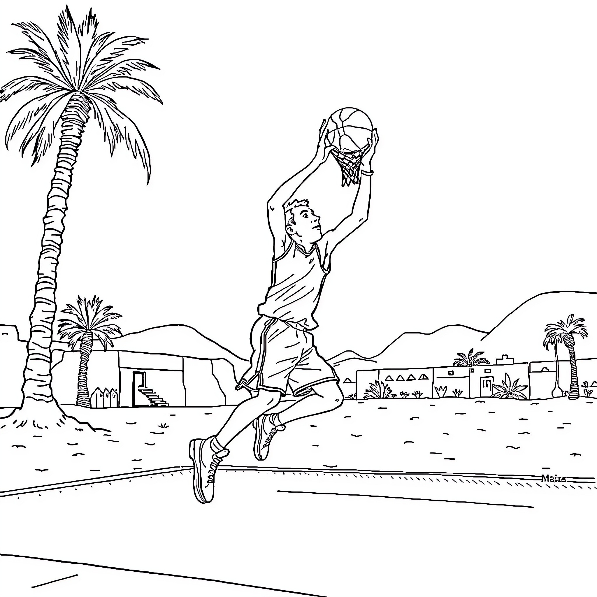 Garçon soaring through the air with basketball Coloring Page (free black-and-white line drawing printable PDF for all, from beginners to advanced learners, including children, teens, adults, and seniors)