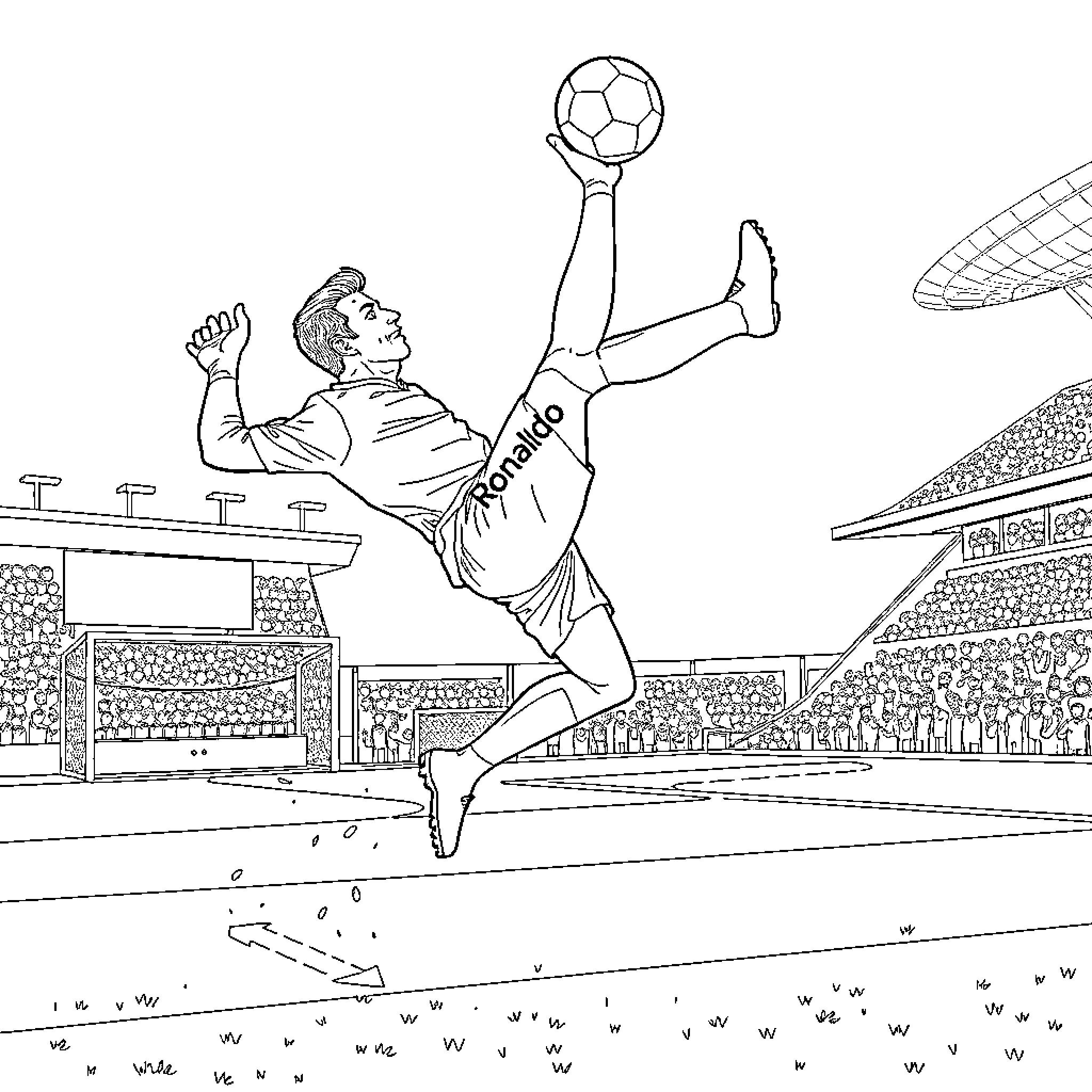 Ronaldo's acrobatic soccer maneuver in the stadium Coloring Page (free black-and-white line drawing printable PDF for all, from beginners to advanced learners, including children, teens, adults, and seniors)