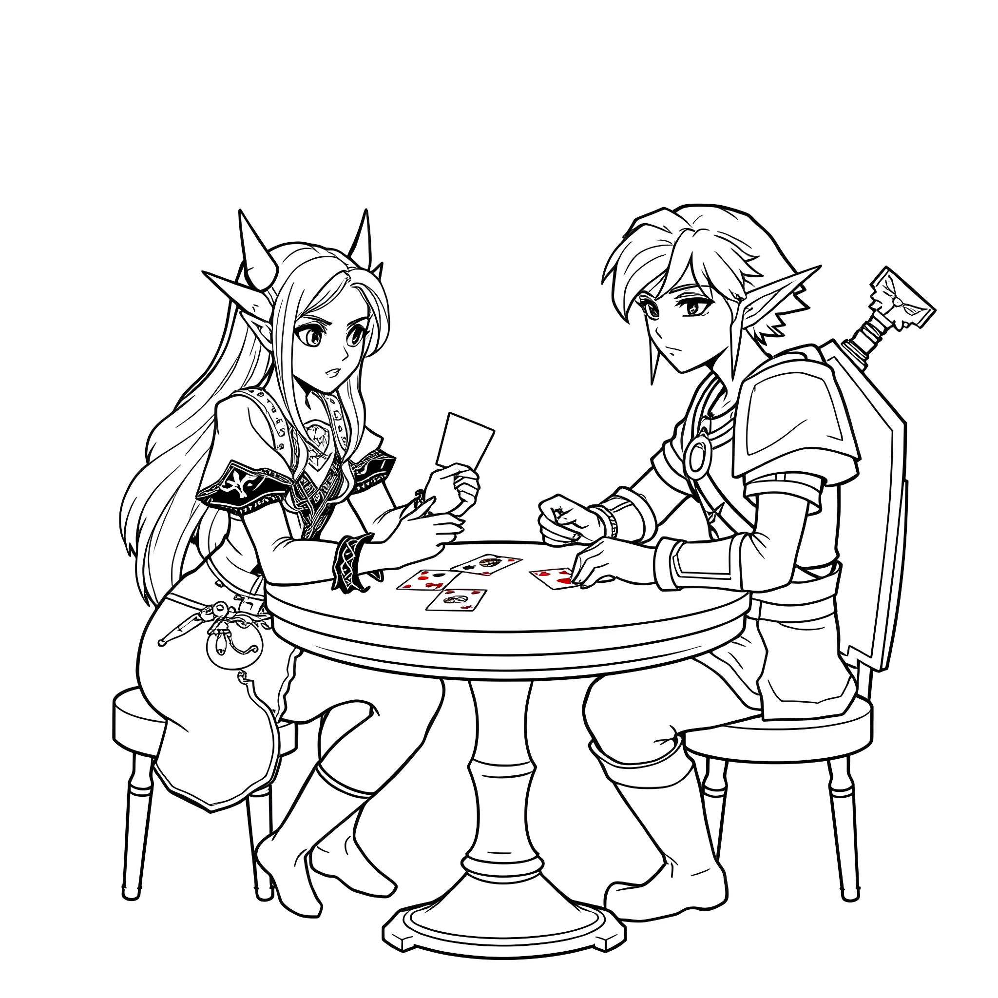 Vivi and friends playing cards at the table Coloring Page (free black-and-white line drawing printable PDF for all, from beginners to advanced learners, including children, teens, adults, and seniors)
