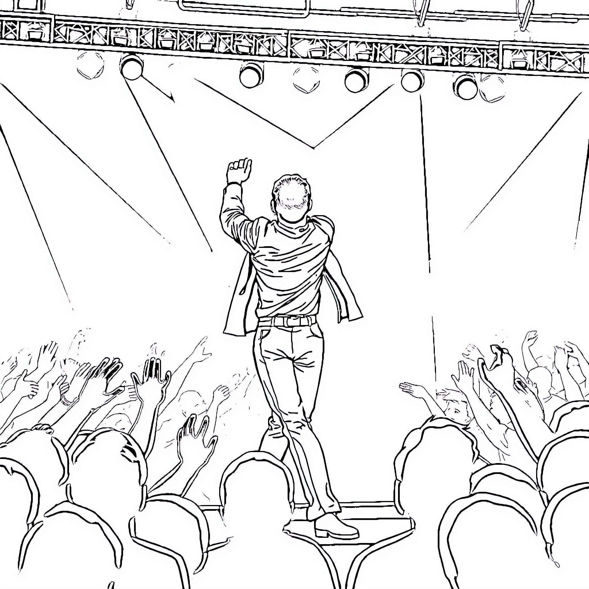 Michael Jackson entertaining enthusiastic crowd on stage Coloring Page (free black-and-white line drawing printable PDF for all, from beginners to advanced learners, including children, teens, adults, and seniors)