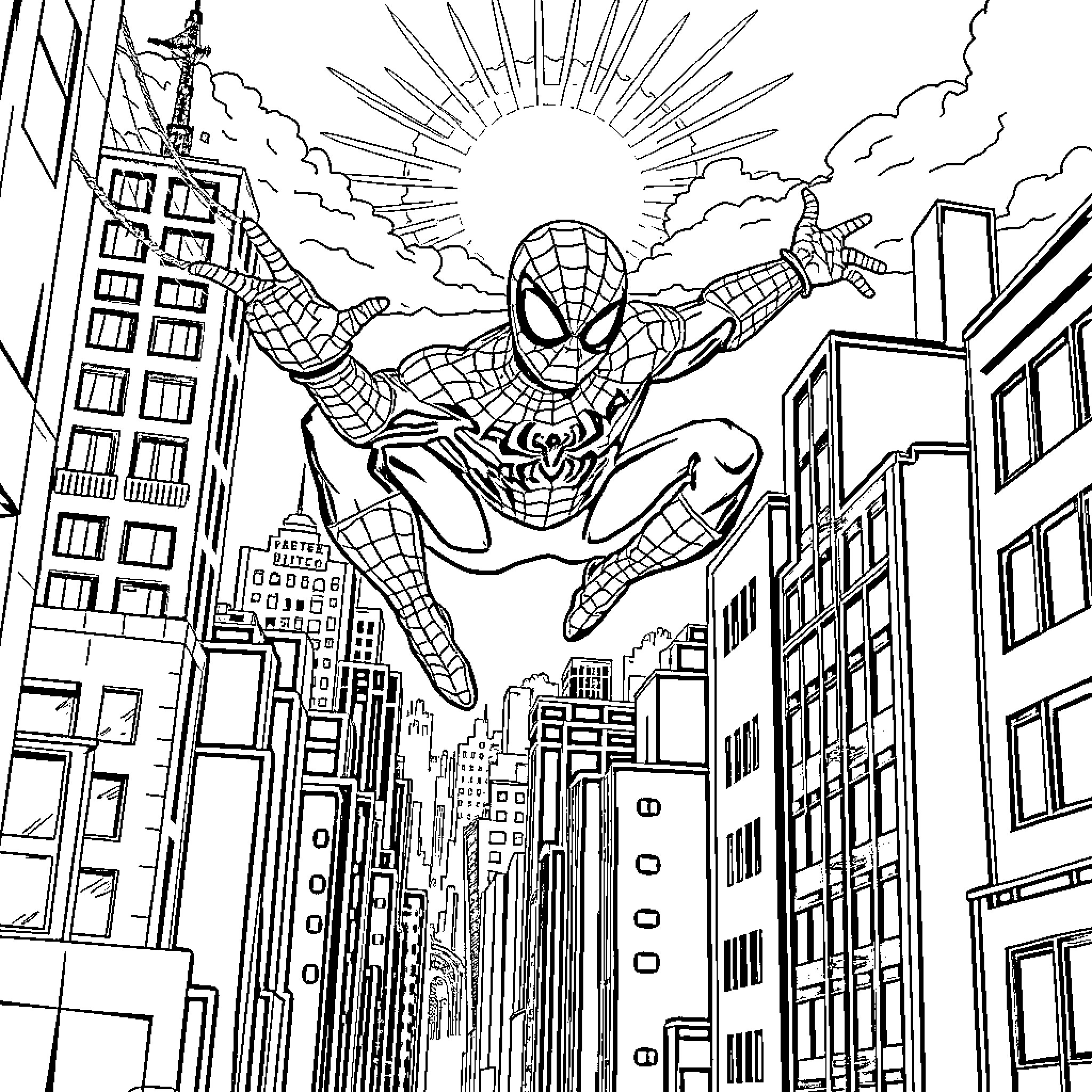 Spiderman soaring through the city skyline Coloring Page (free black-and-white line drawing printable PDF for all, from beginners to advanced learners, including children, teens, adults, and seniors)