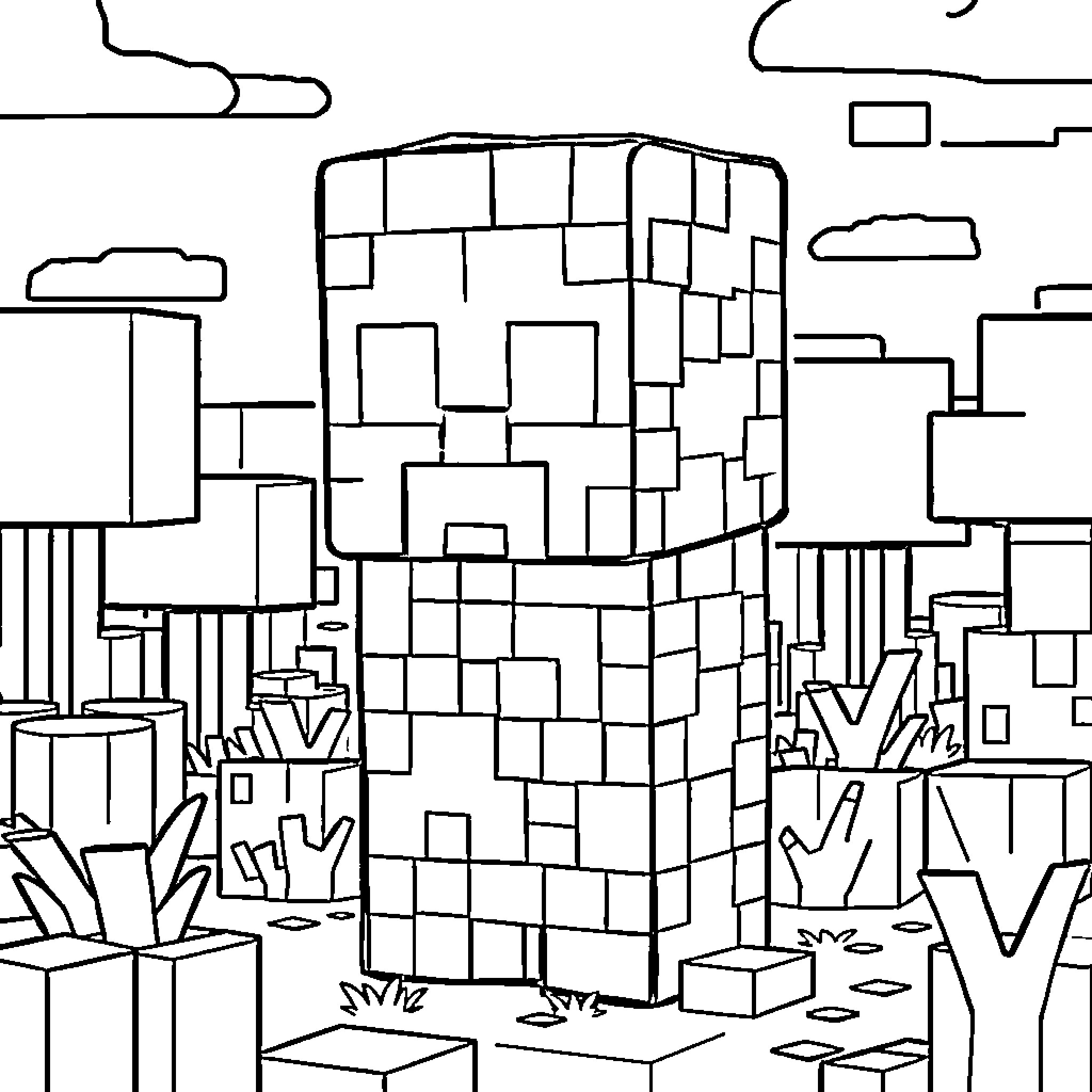Creeper exploring a mysterious blocky world Coloring Page (free black-and-white line drawing printable PDF for all, from beginners to advanced learners, including children, teens, adults, and seniors)