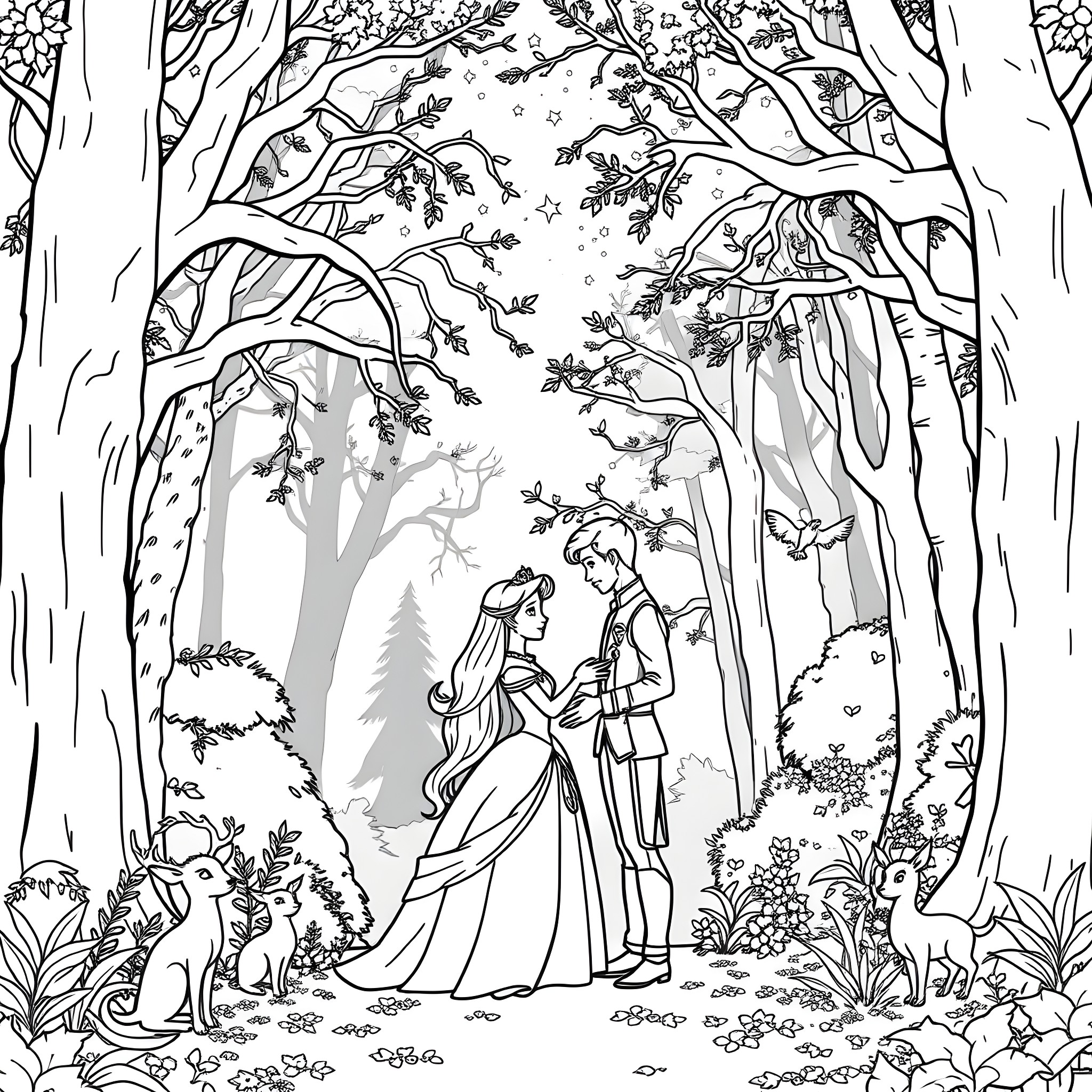 Aurora's enchanted forest romance Coloring Page (free black-and-white line drawing printable PDF for all, from beginners to advanced learners, including children, teens, adults, and seniors)