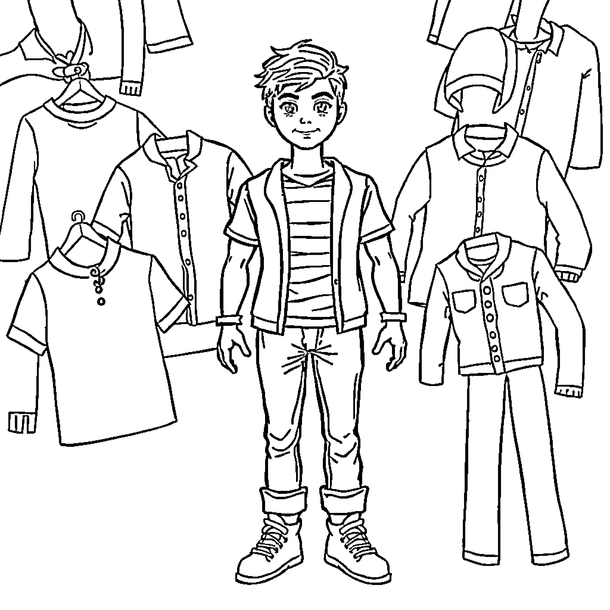 Doll trying on different outfits Coloring Page (free black-and-white line drawing printable PDF for all, from beginners to advanced learners, including children, teens, adults, and seniors)