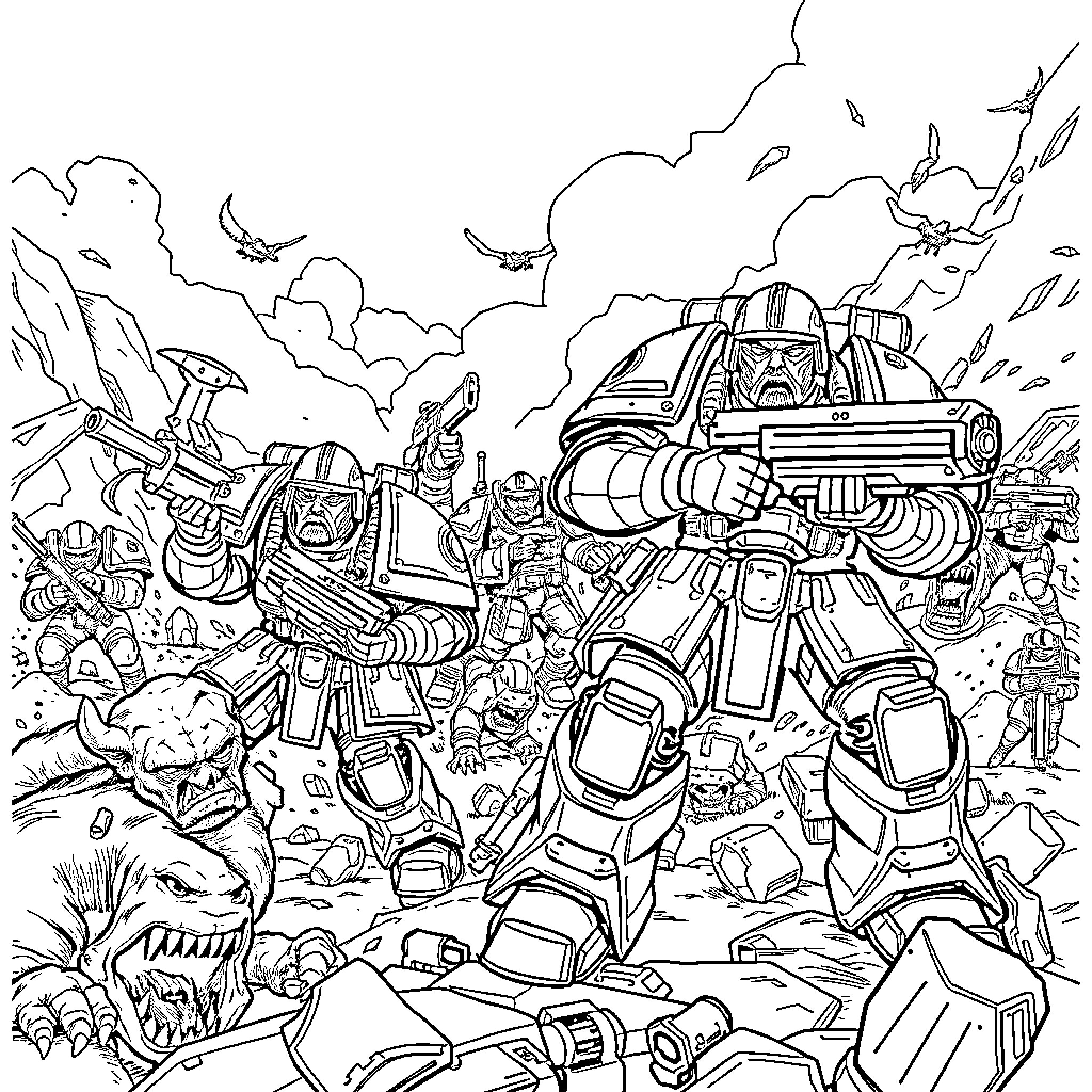 Space Marine Leading Troops in Futuristic Warfare Coloring Page (free black-and-white line drawing printable PDF for all, from beginners to advanced learners, including children, teens, adults, and seniors)