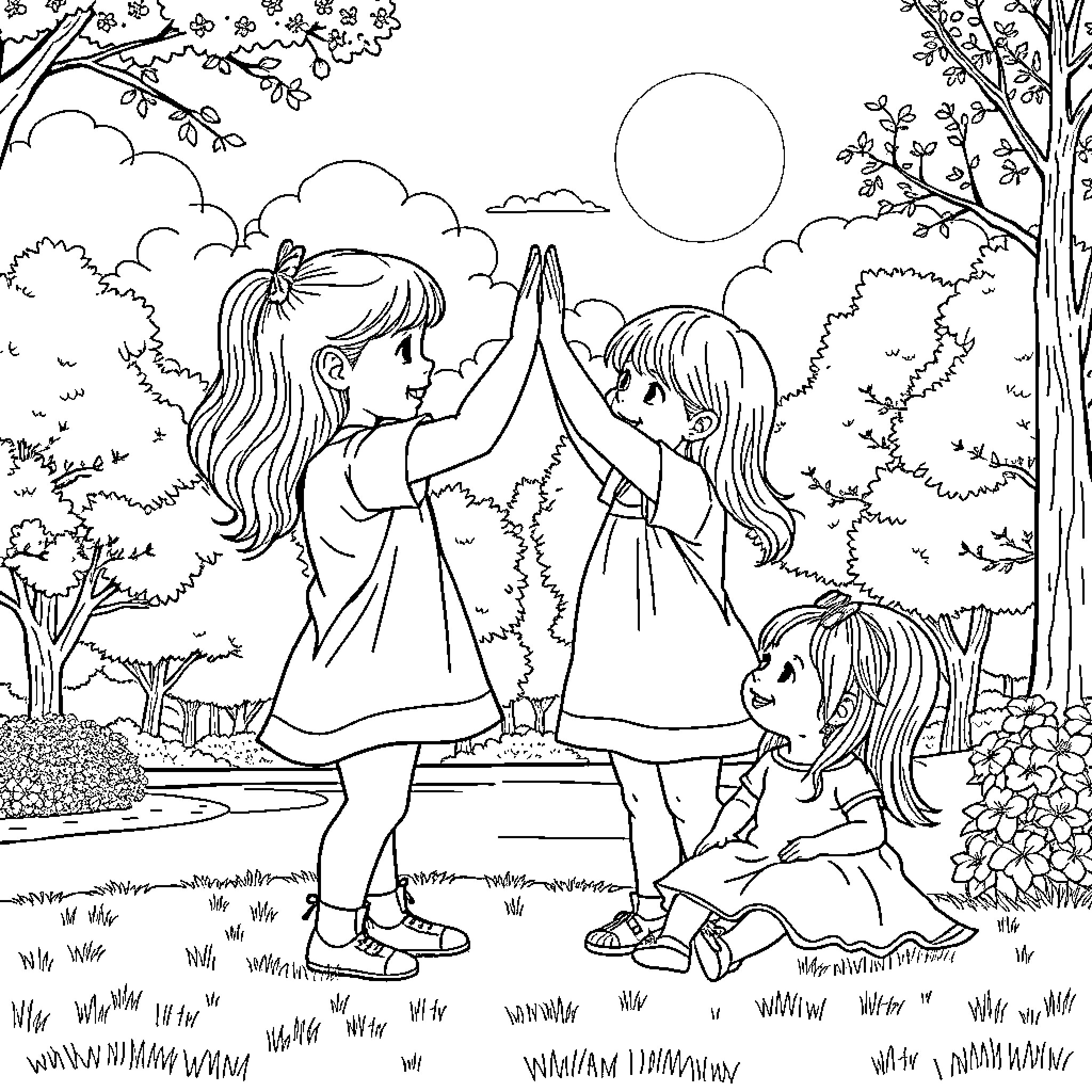 Twin Girls Playing Joyfully in Nature Coloring Page (free black-and-white line drawing printable PDF for all, from beginners to advanced learners, including children, teens, adults, and seniors)