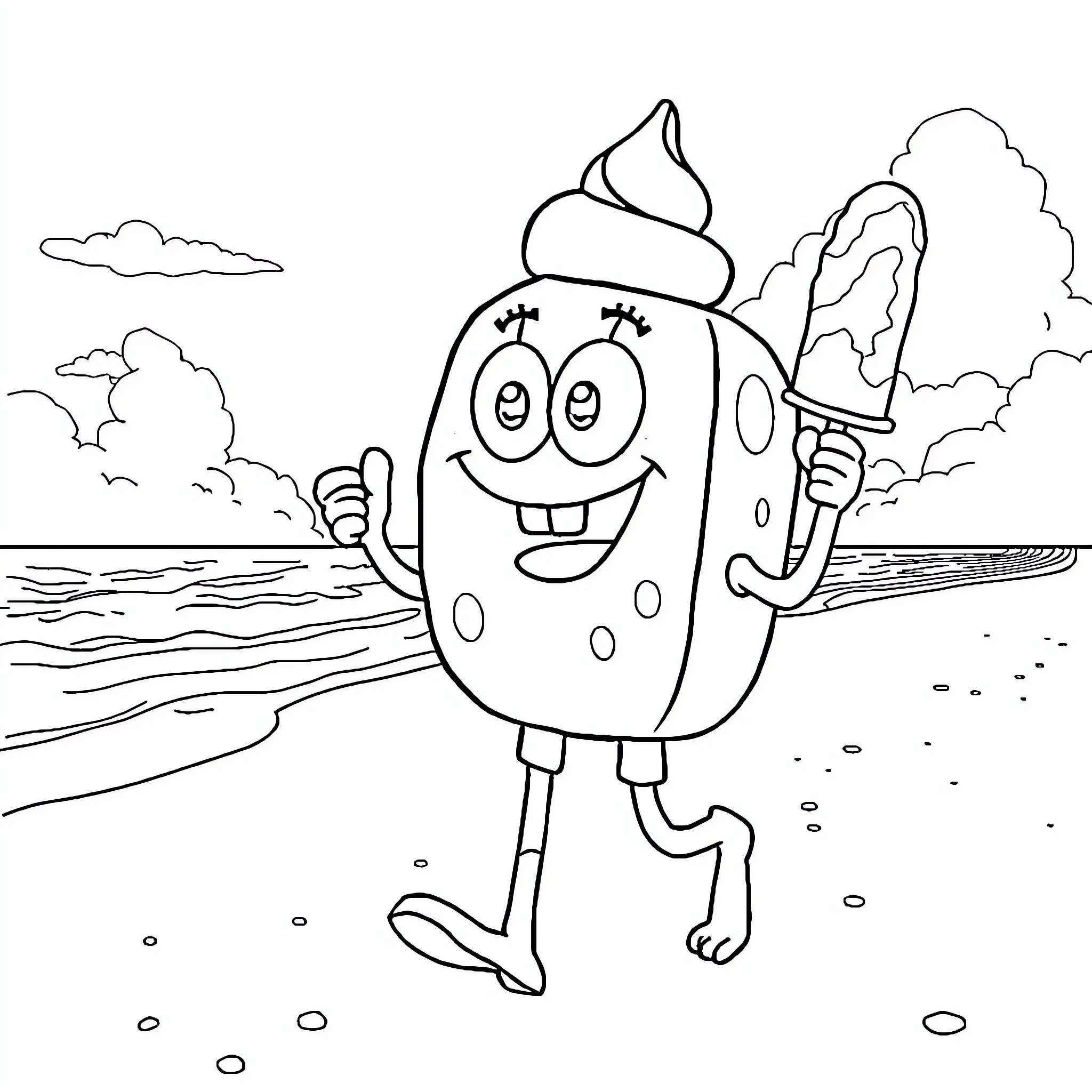 Bob esponja enjoying a sunny day by the beach Coloring Page (free black-and-white line drawing printable PDF for all, from beginners to advanced learners, including children, teens, adults, and seniors)