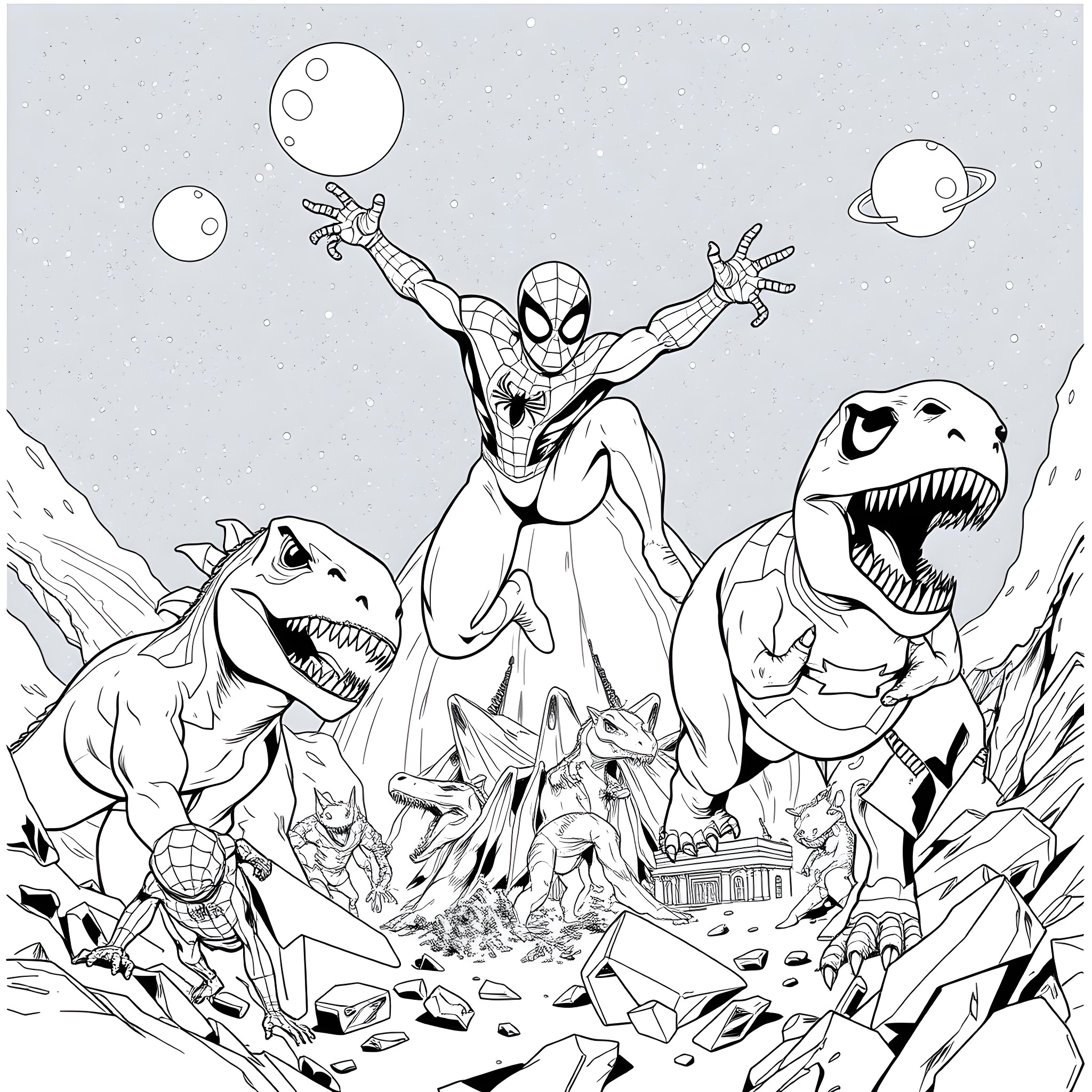Spider-Man battling fierce dinosaurs in the wilderness Coloring Page (free black-and-white line drawing printable PDF for all, from beginners to advanced learners, including children, teens, adults, and seniors)