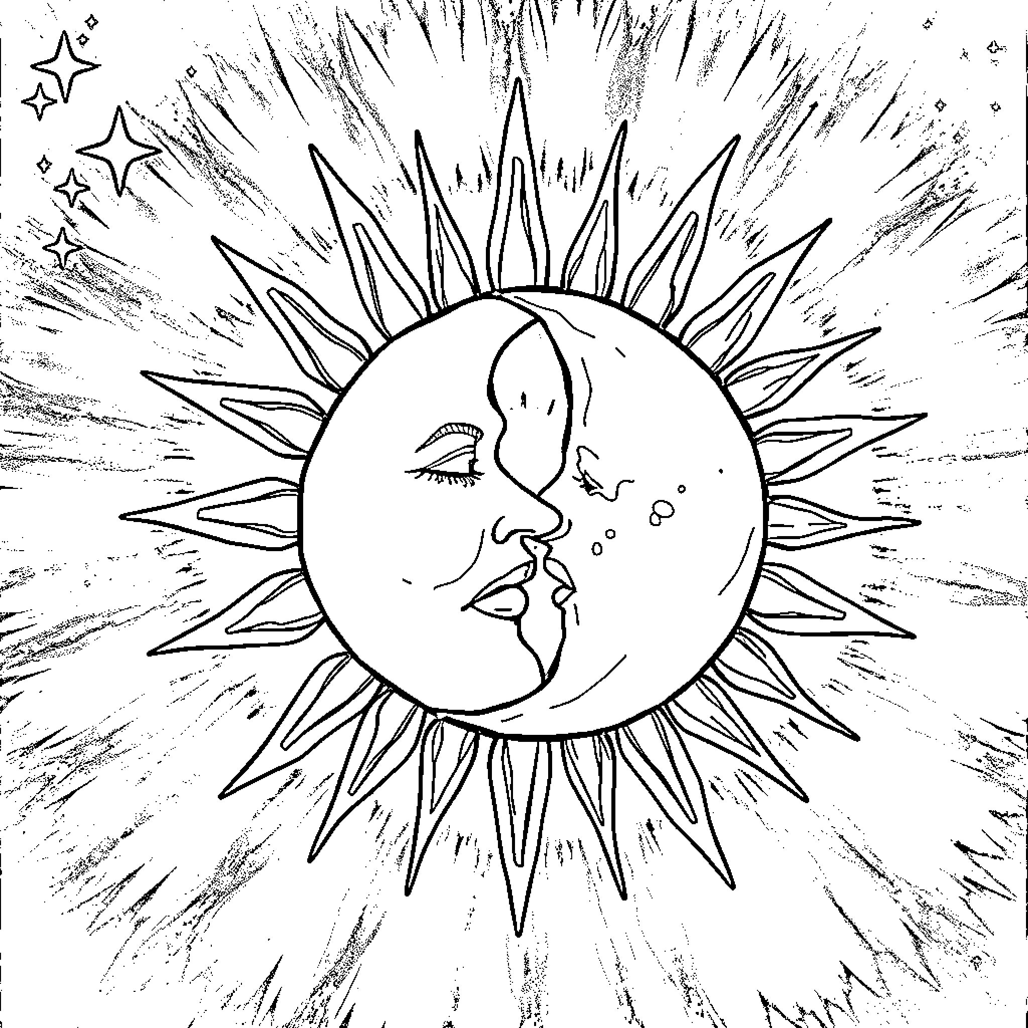 Sun and Moon embracing in cosmic splendor Coloring Page (free black-and-white line drawing printable PDF for all, from beginners to advanced learners, including children, teens, adults, and seniors)