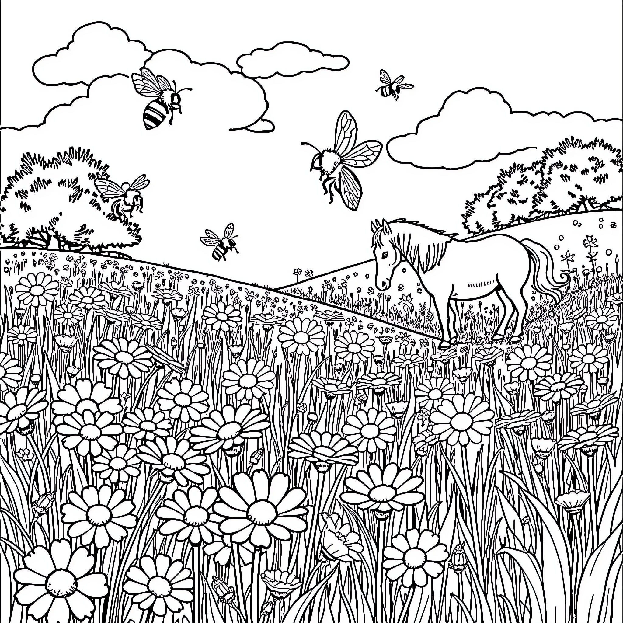 Bumblebee and butterflies in a whimsical flower field Coloring Page (free black-and-white line drawing printable PDF for all, from beginners to advanced learners, including children, teens, adults, and seniors)