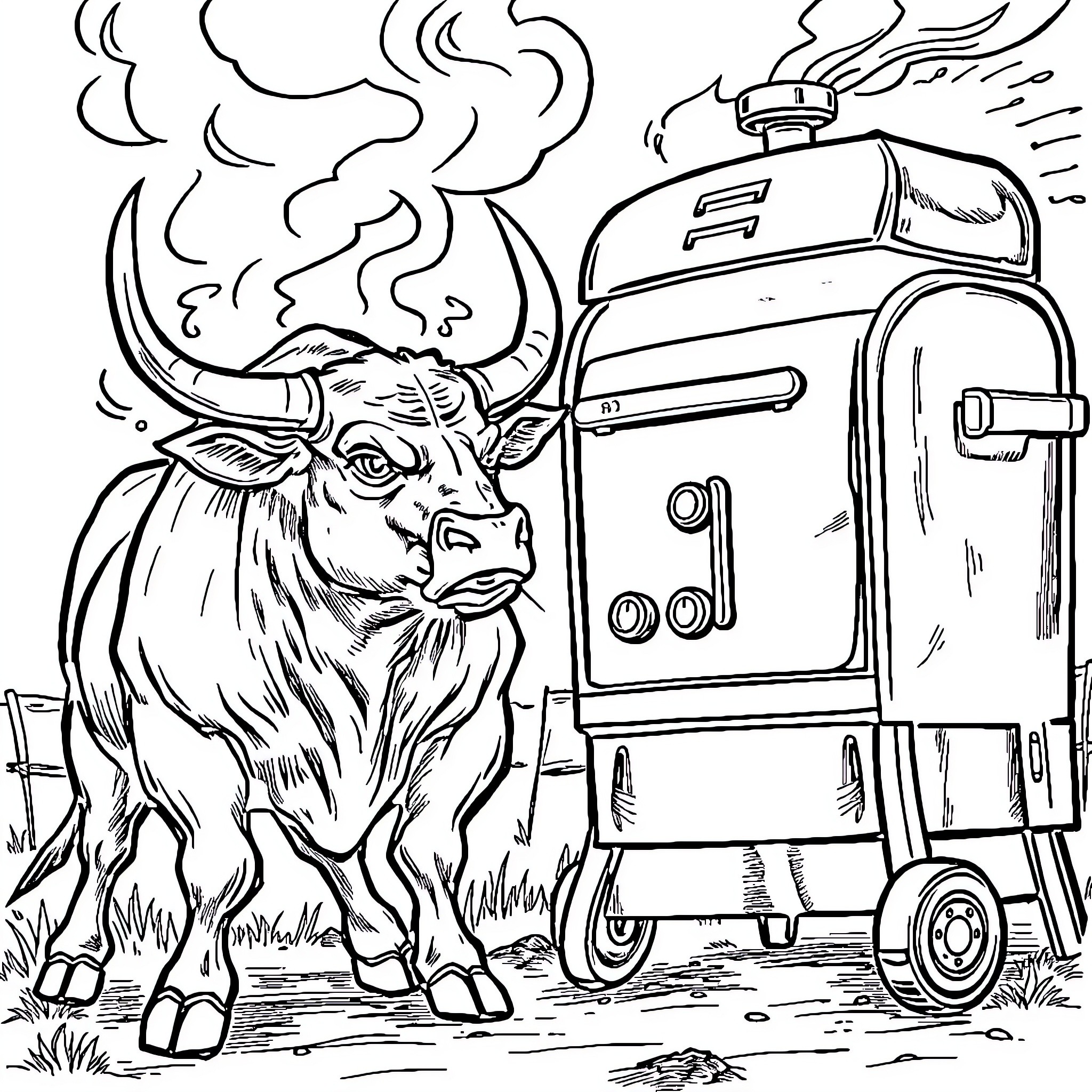 Bull standing by a steaming device Coloring Page (free black-and-white line drawing printable PDF for all, from beginners to advanced learners, including children, teens, adults, and seniors)